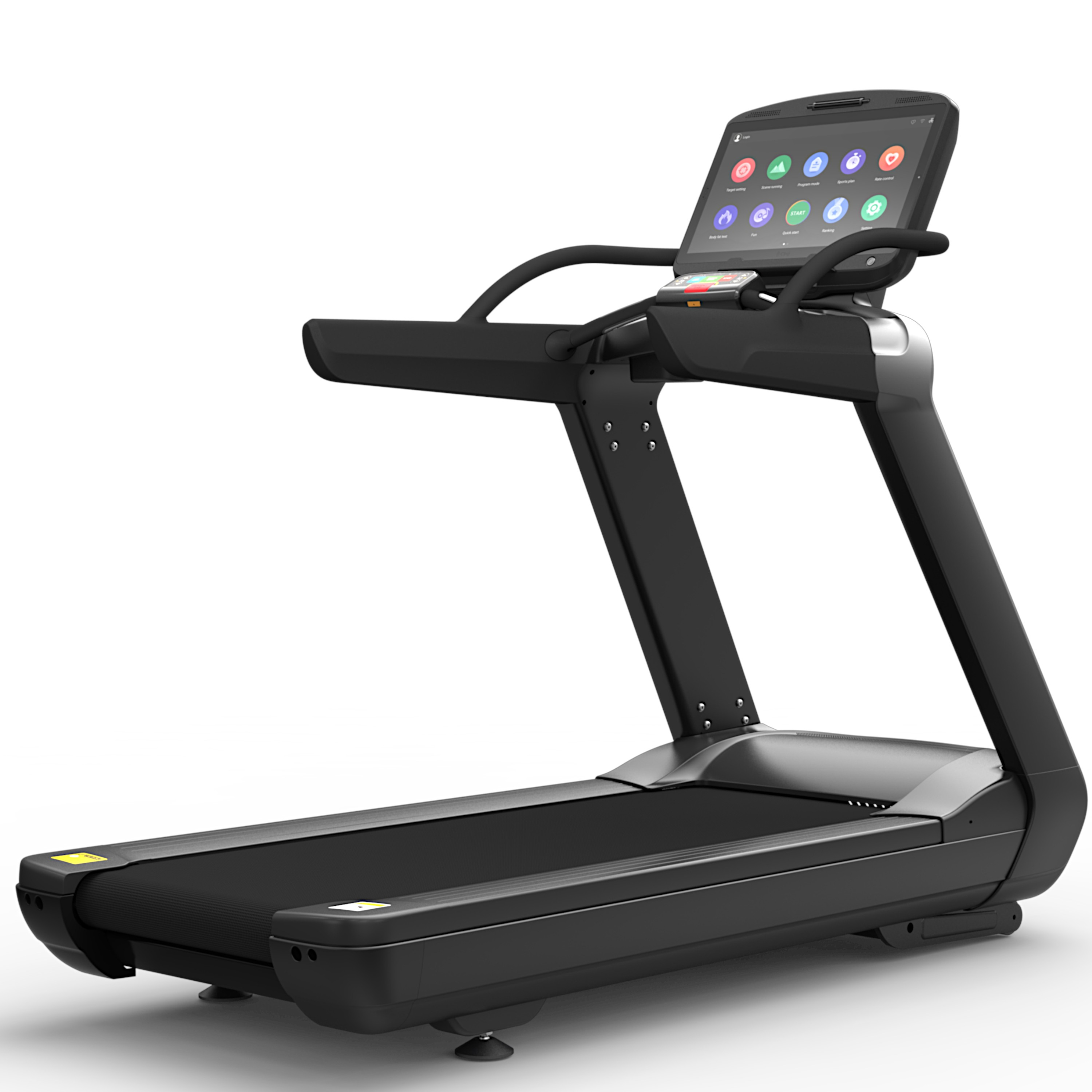 Ein schwarzes Laufband mit Touchscreen-Display und verschiedenen App-Symbolen.