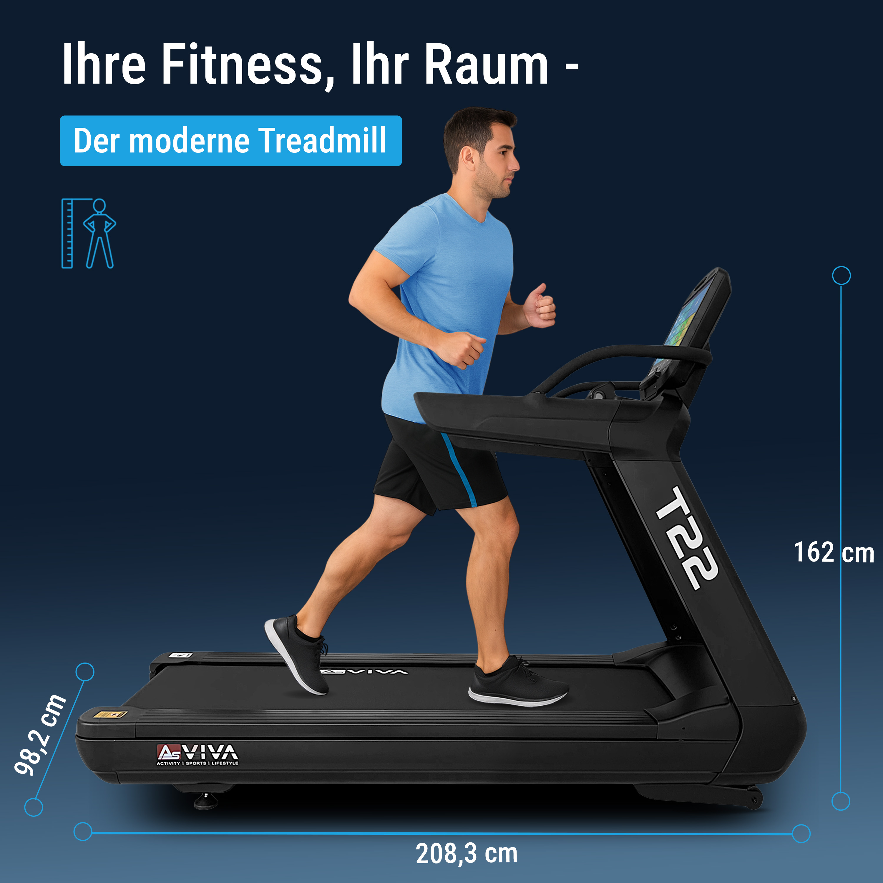 Mann läuft auf einem schwarzen Laufband der Marke T22. Maße sind angegeben.