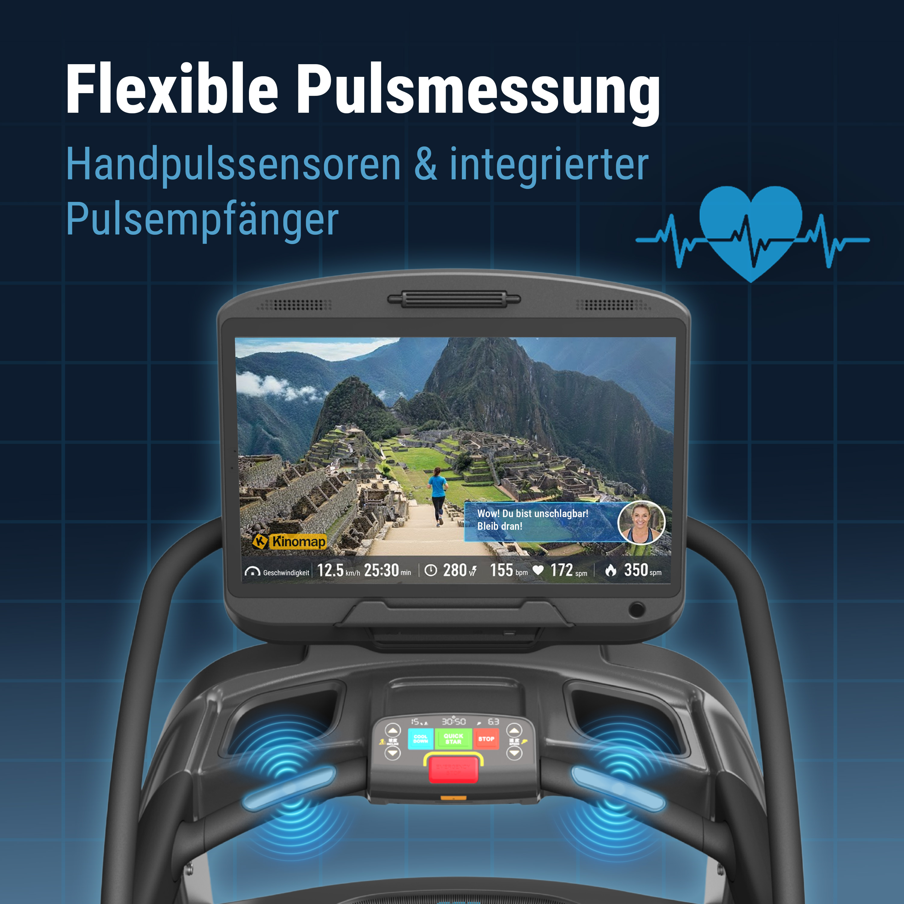 Laufband mit Bildschirm, der Machu Picchu zeigt, und Trainingsdaten.