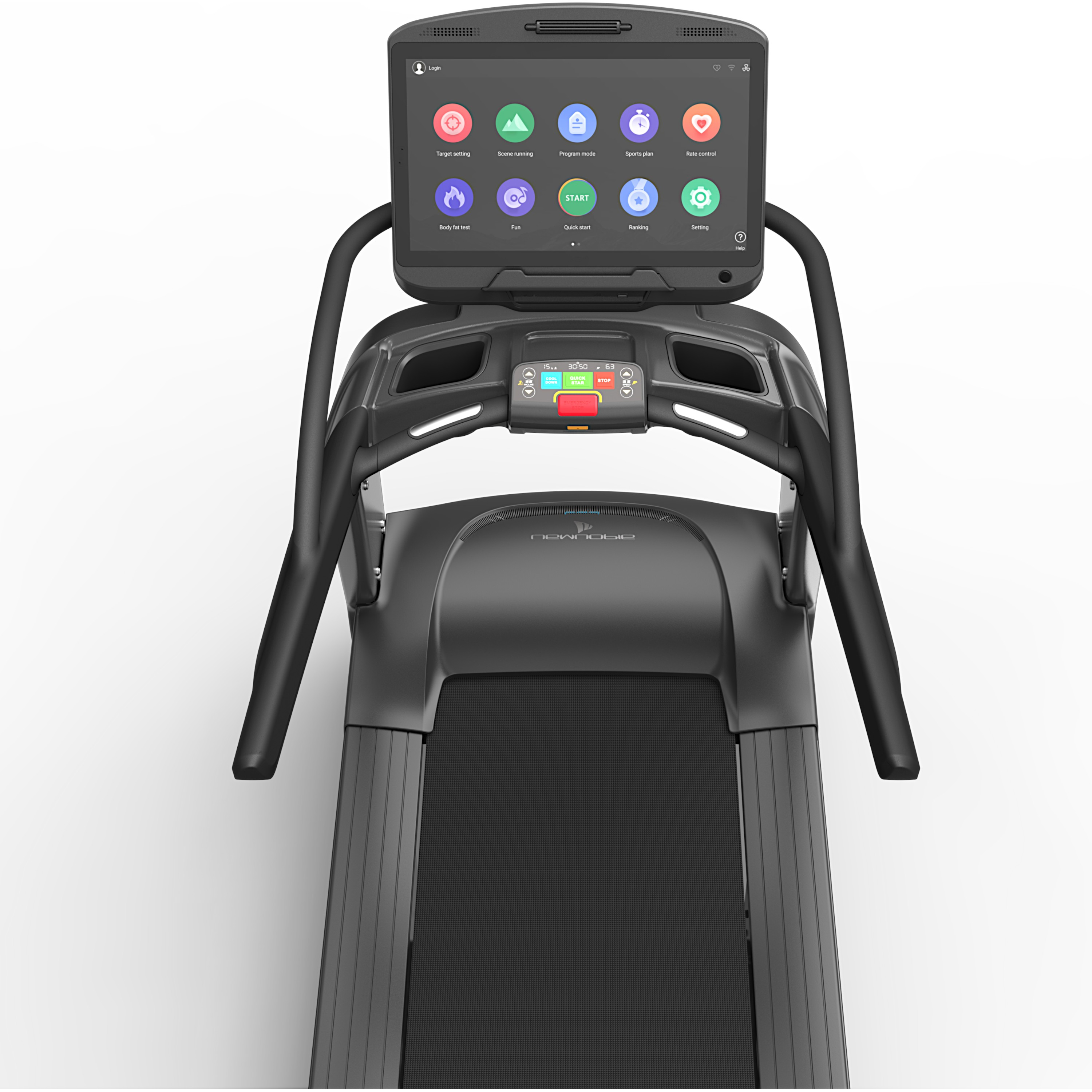 Ein dunkler Laufband mit einem großen Touchscreen-Display, das verschiedene Trainingsoptionen anzeigt.