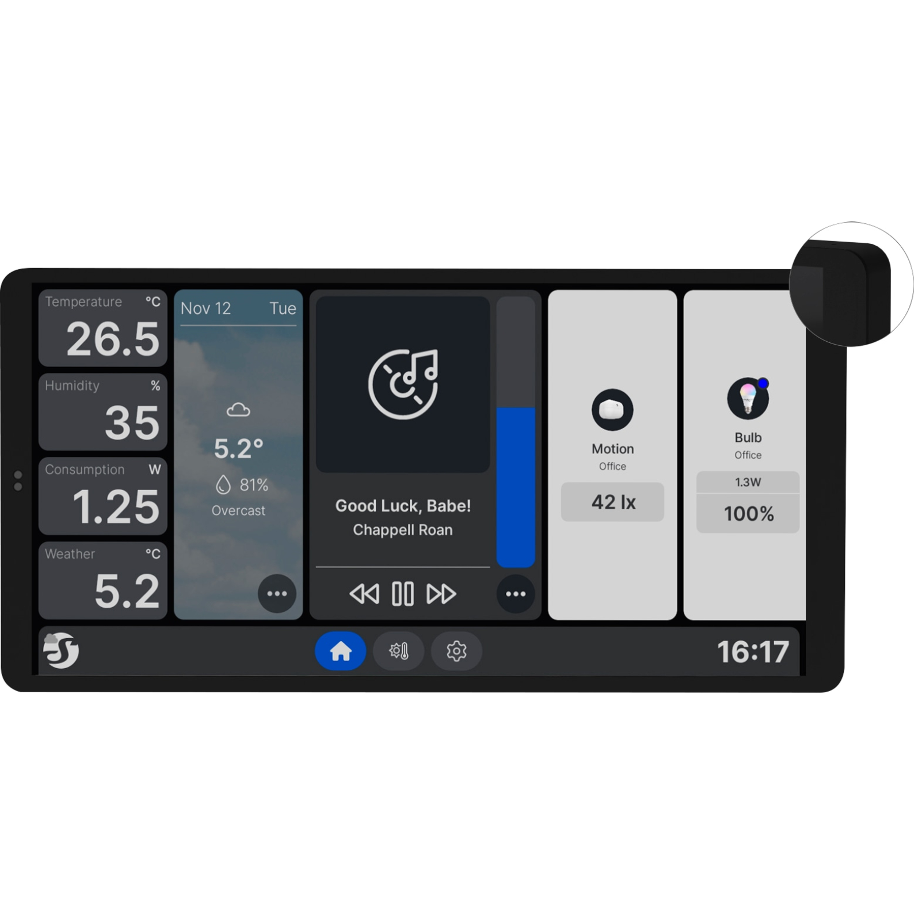 Un display smart home mostra temperatura, umidità, consumo e meteo.