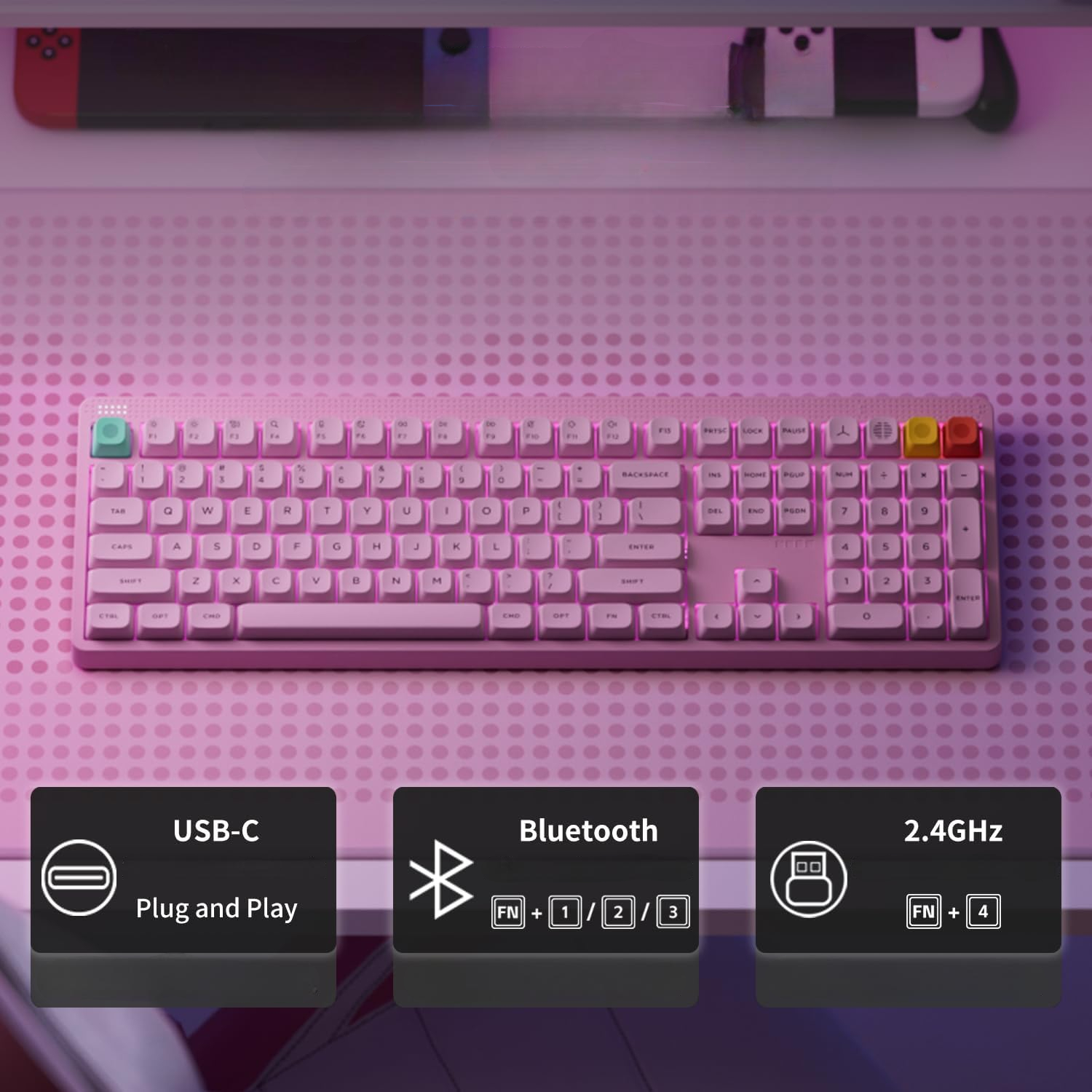 Różowa klawiatura mechaniczna z trzema opcjami połączenia: USB-C, Bluetooth i 2,4 GHz.