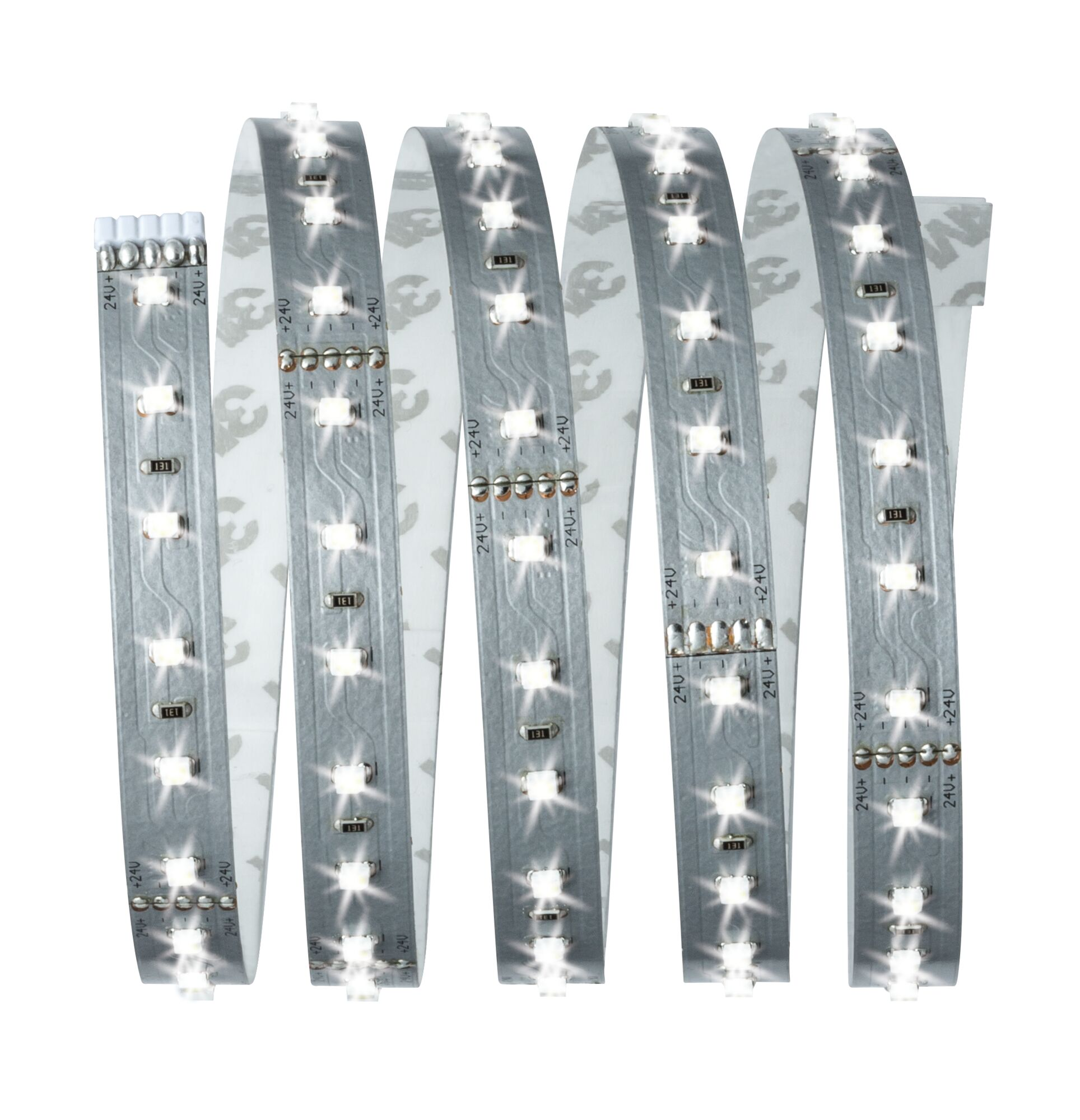 Eine Rolle weißer LED-Streifen mit sichtbaren LEDs und Beschriftungen.