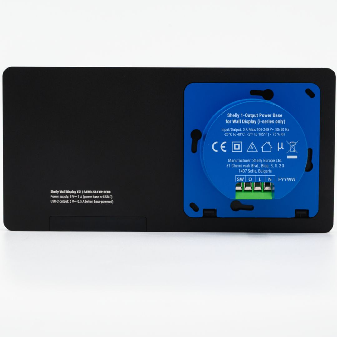 Scatola nera con inserto blu, Base di alimentazione Shelly a 1 uscita per display a parete.