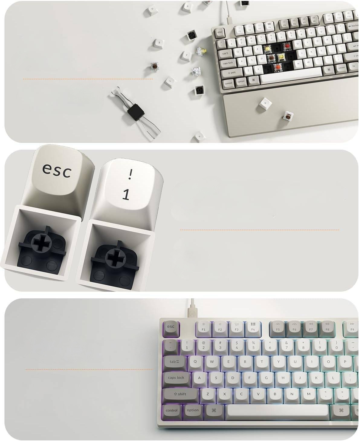 Klawiatura i keycapy na białej powierzchni. Widoczny jest ściągacz do keycapów.