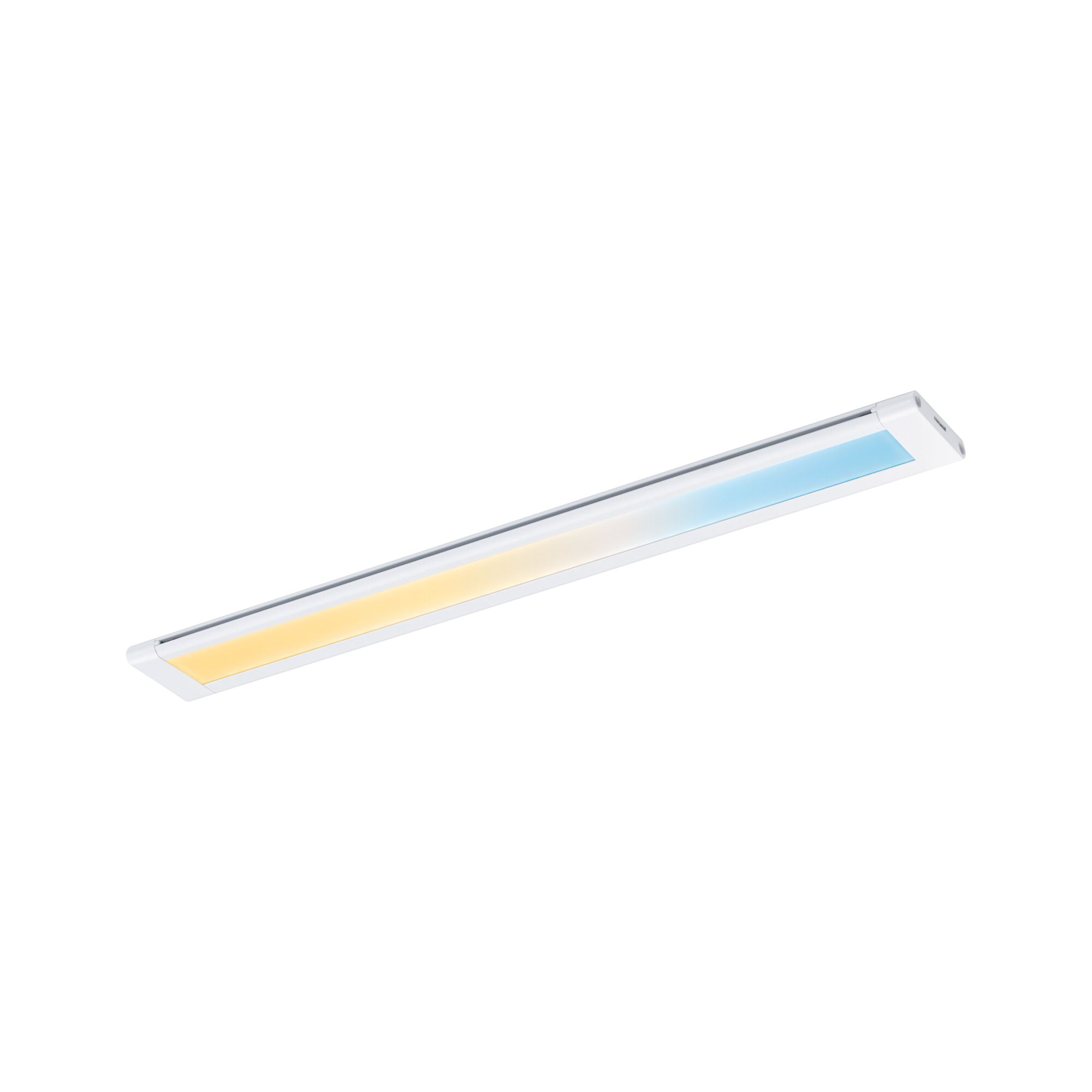 Una lunga e stretta luce LED bianca con gradiente giallo e blu.