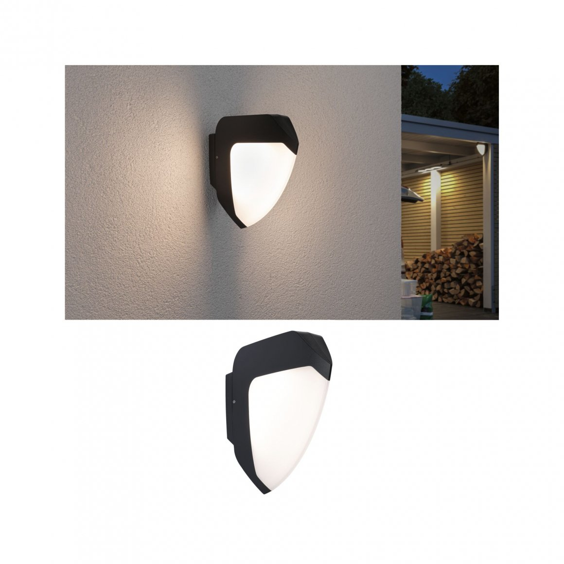 Ein schwarzer Wandleuchter mit einem milchigen, schildförmigen Diffusor leuchtet an einer strukturierten Wand.