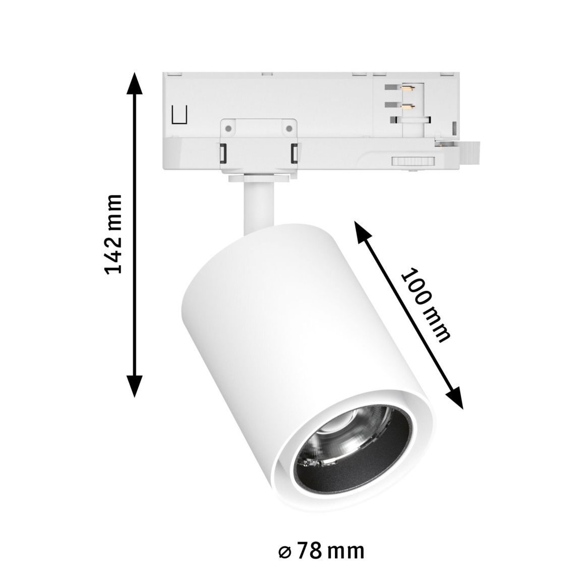 Biała lampa szynowa z adapterem. Wymiary: 142mm wysokość, 100mm długość, 78mm średnica.