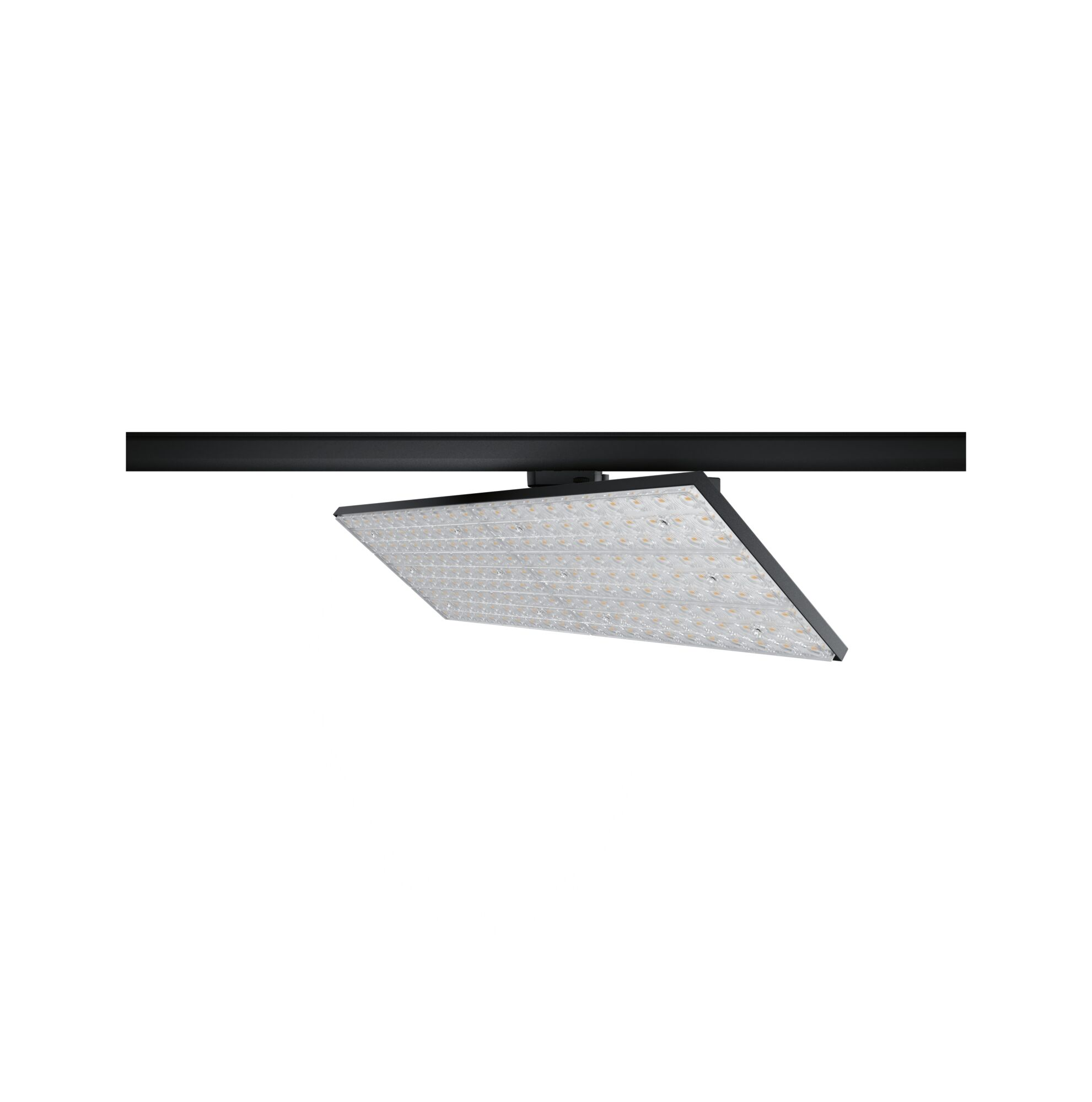 Ein rechteckiger LED-Strahler mit einem schwarzen Metallgehäuse hängt an einer schwarzen Schiene.