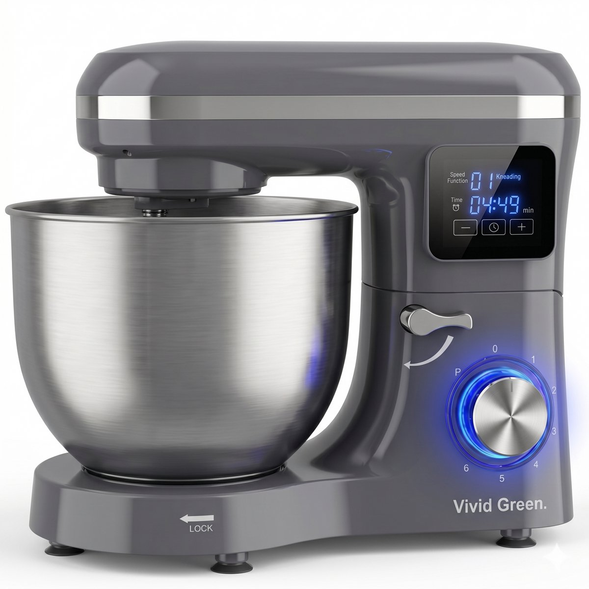 Gray stand mixer with stainless steel bowl and digital display. Blue illumination.
