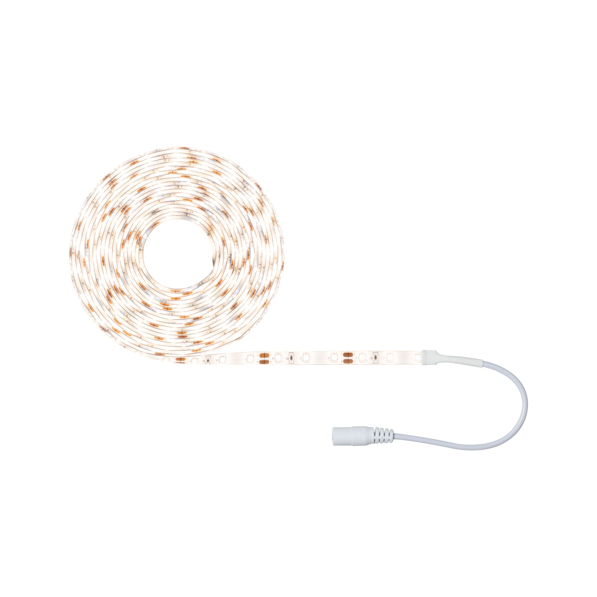 Eine aufgerollte LED-Lichtleiste mit einem weißen Kabel und Stecker auf weißem Hintergrund.