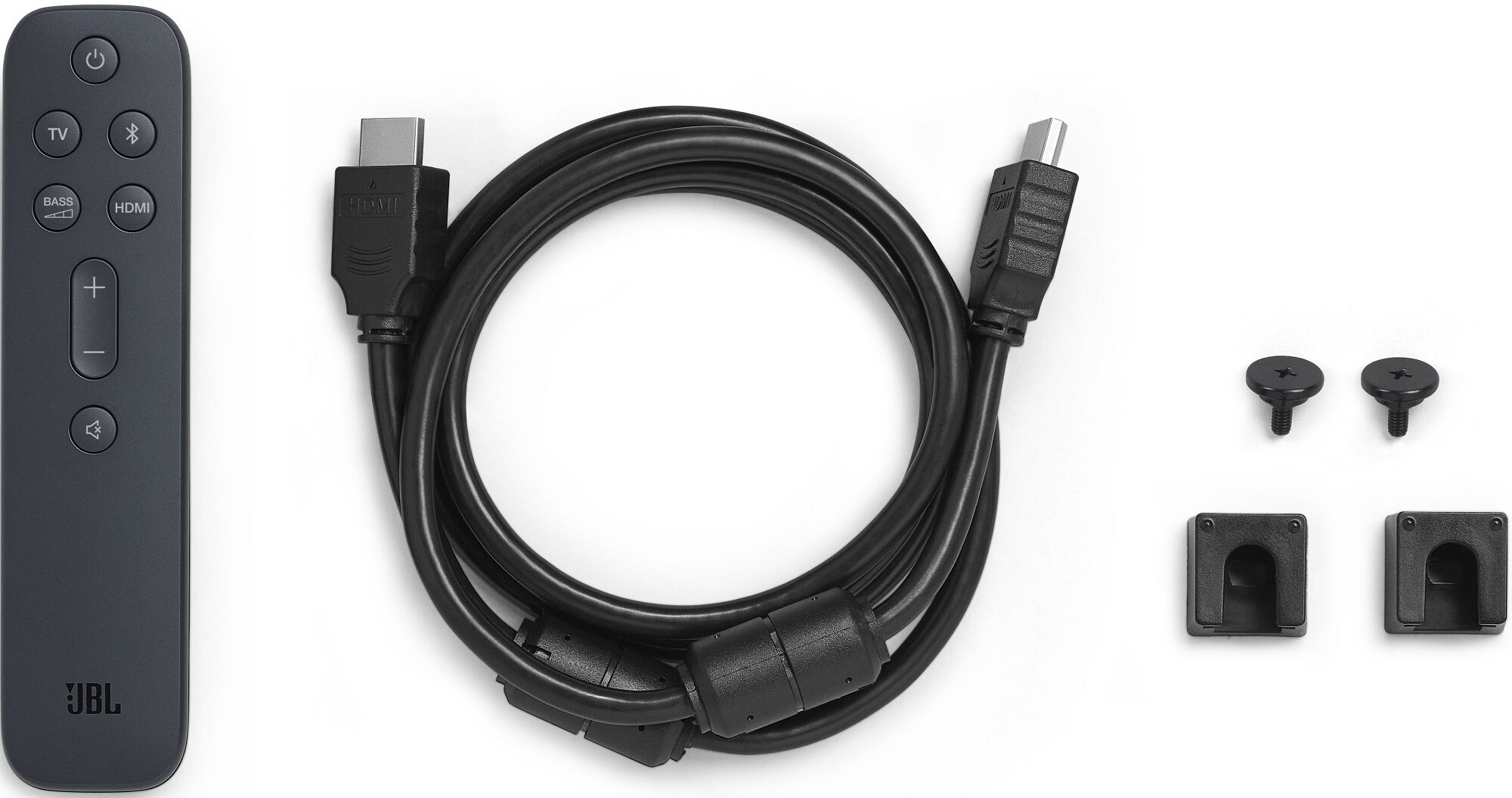 Ciemny pilot, kabel HDMI i elementy montażowe są pokazane.