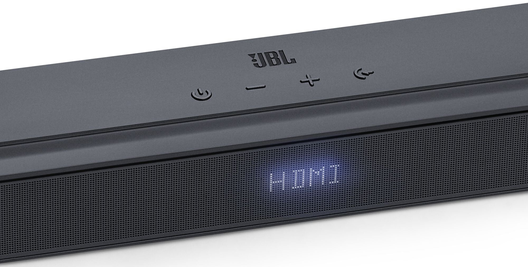 Czarny soundbar JBL z wyświetlaczem "HDMI" i przyciskami sterującymi.