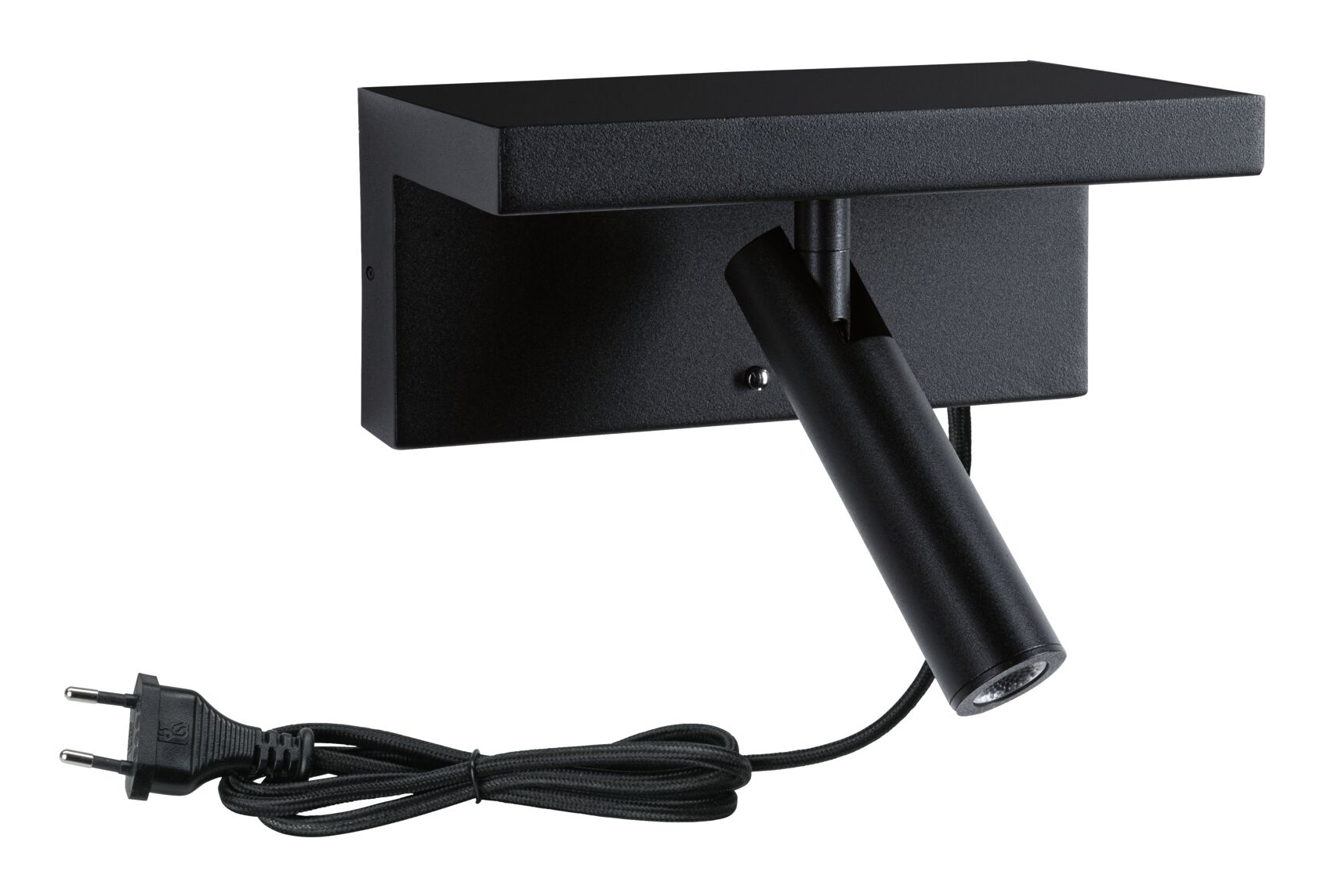 Lampe murale noire avec spot orientable et cordon avec prise.