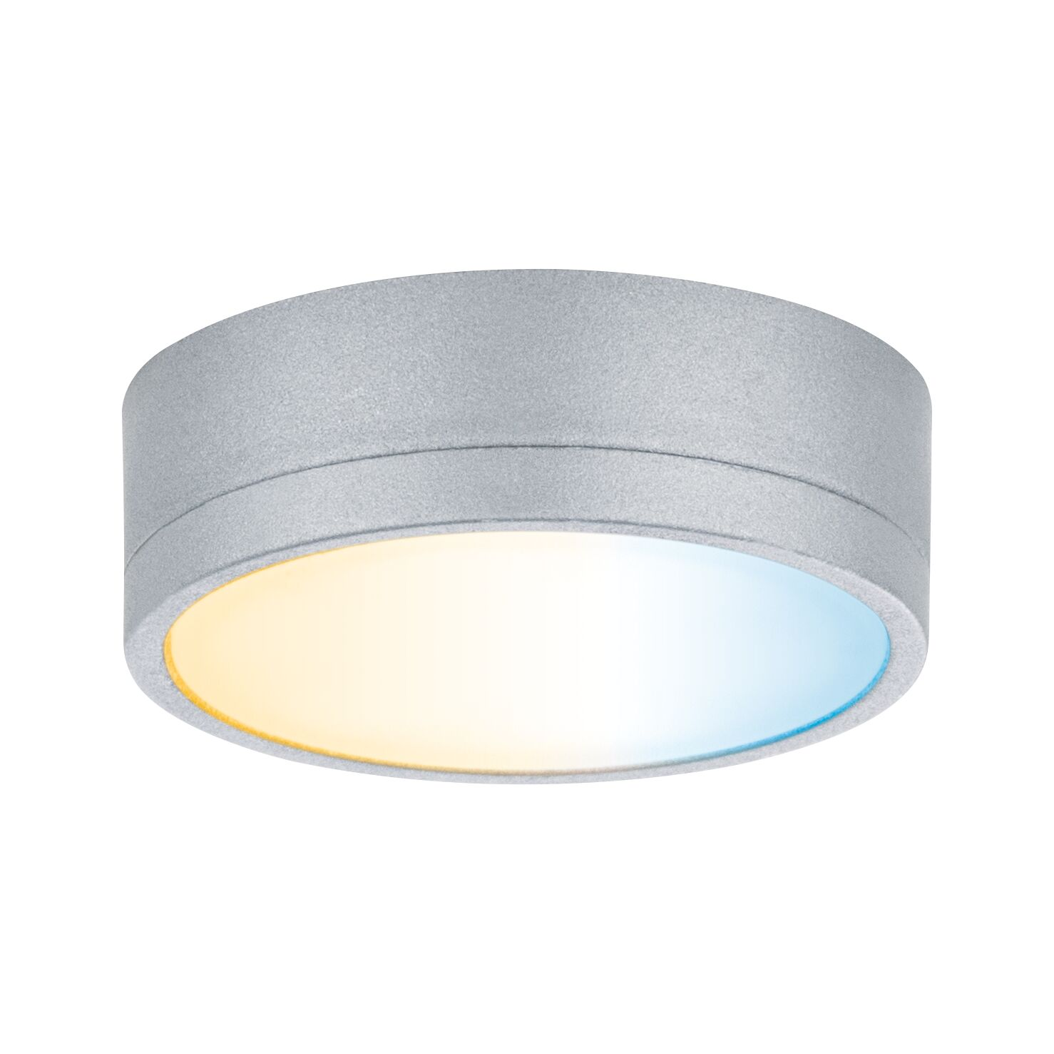 Lampada da soffitto argentata con luce calda e fredda.