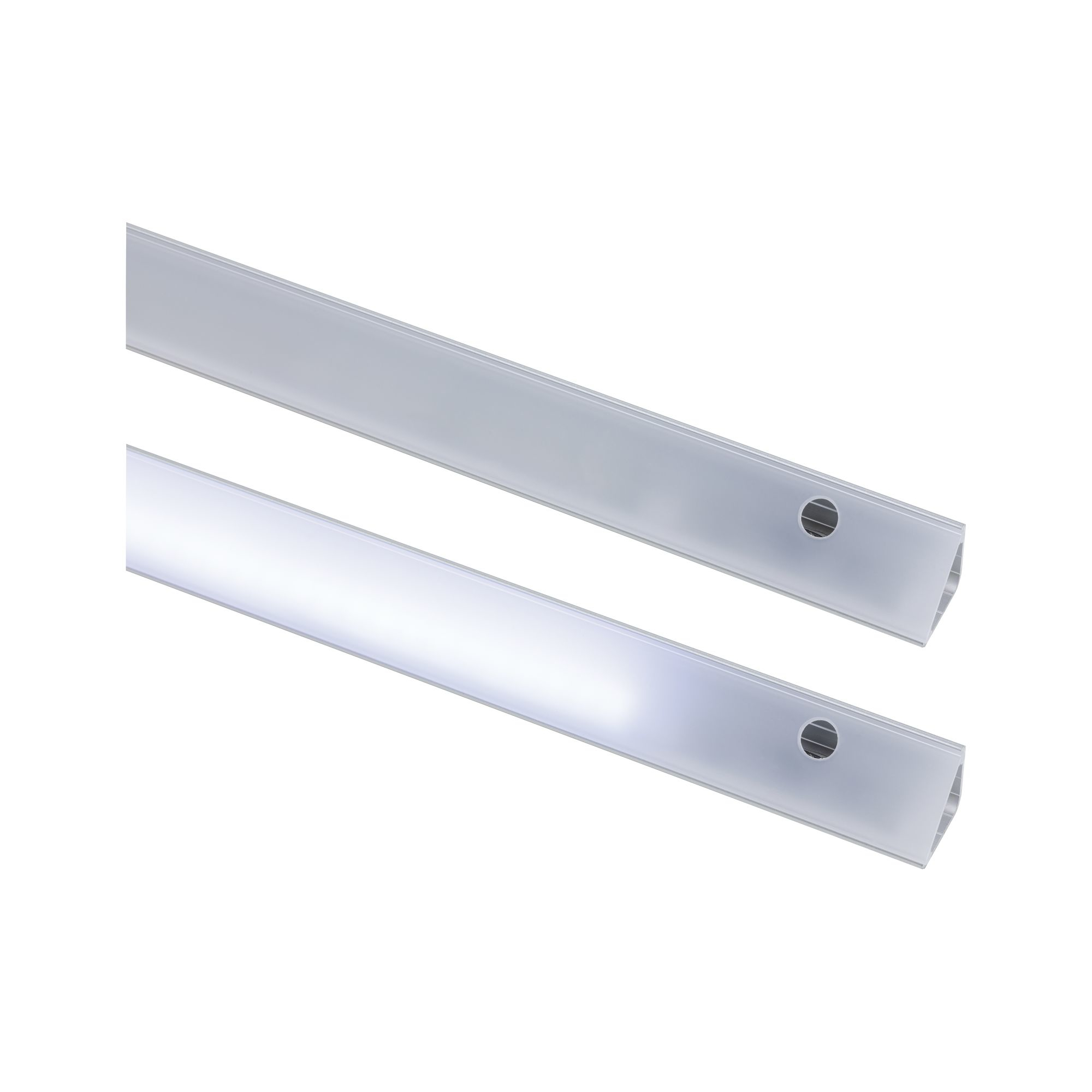 Dwa aluminiowe profile LED z matowymi dyfuzorami i otworami.
