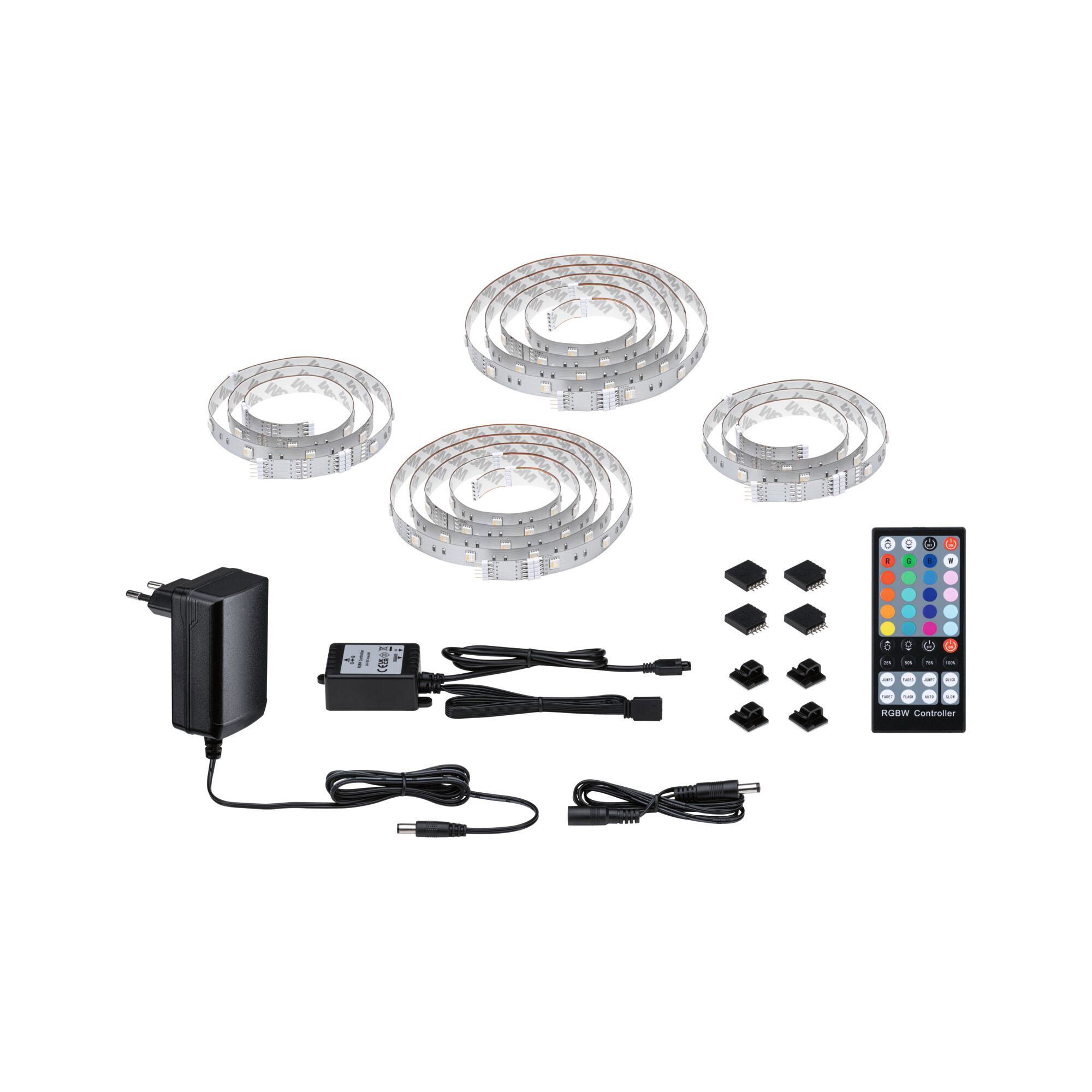 Strisce LED, alimentatore, controller e clip su sfondo bianco.
