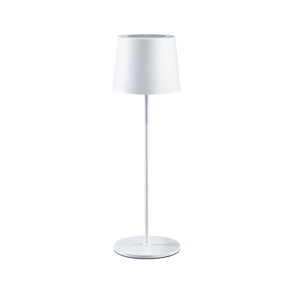 Eine weiße Stehlampe mit kegelförmigem Schirm und rundem Fuß.