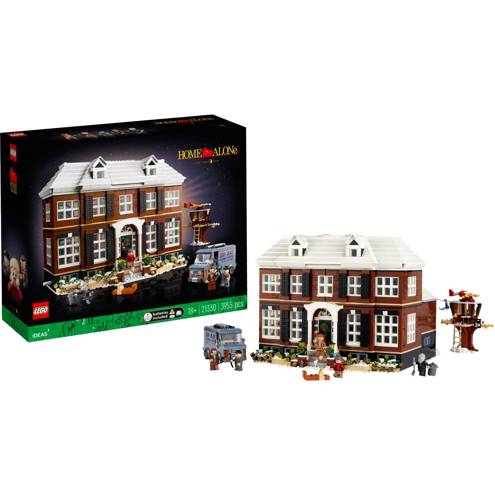 Domek LEGO Kevin sam w domu z figurkami i furgonetką, na białym tle.