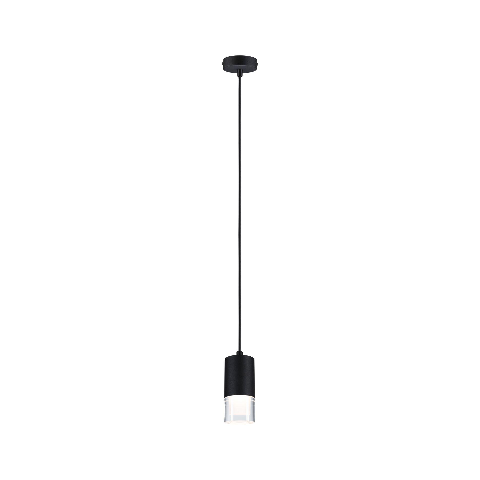 Una lampada a sospensione nera con paralume cilindrico e base in vetro trasparente.