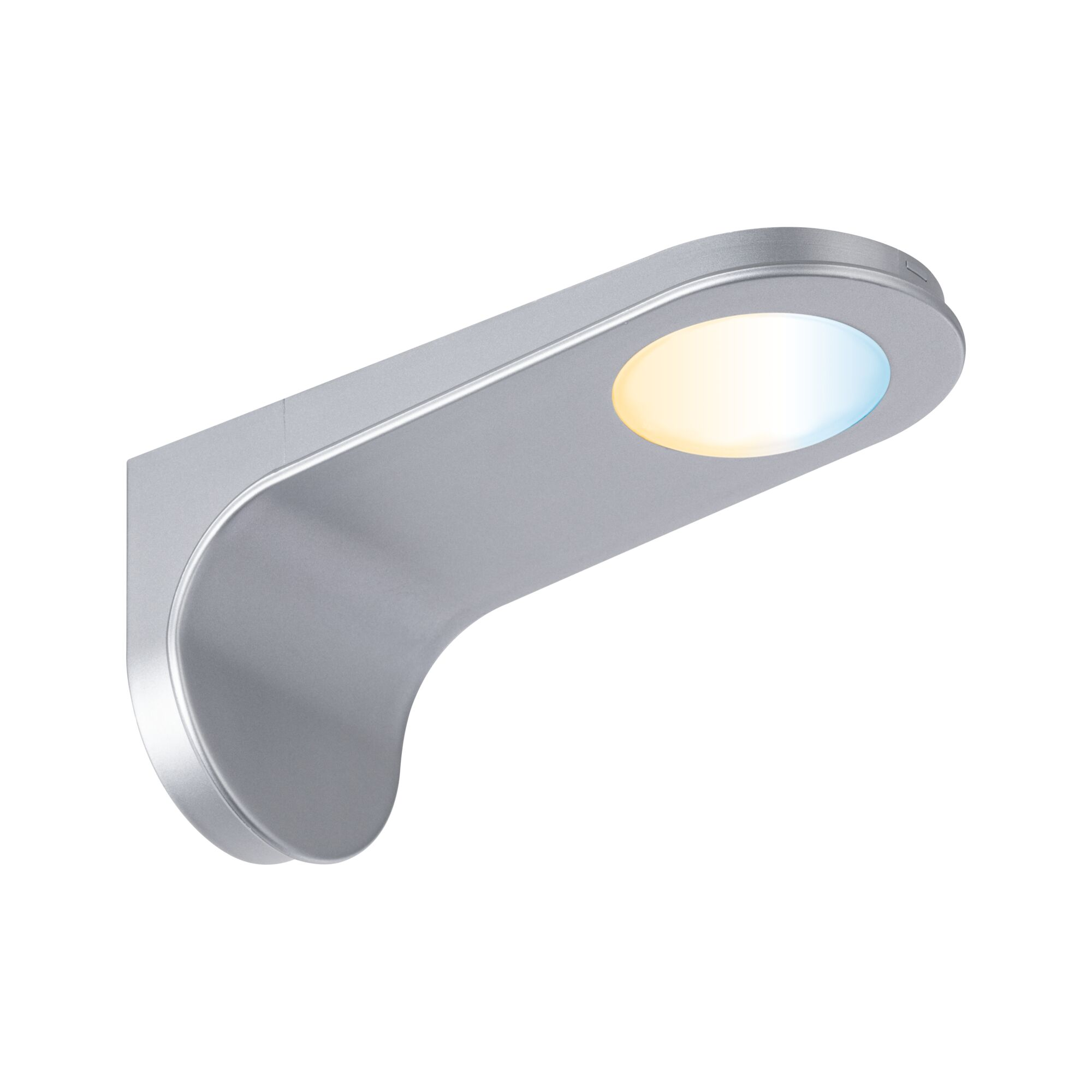Lampada da parete argentata con elemento ovale e illuminato.
