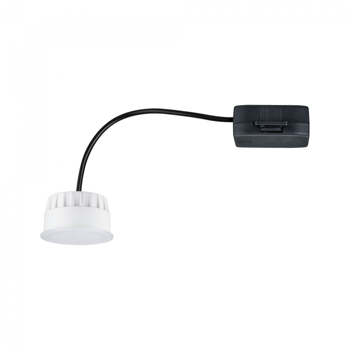 Un luminaire LED blanc avec un cordon noir relié à un boîtier de commande noir.