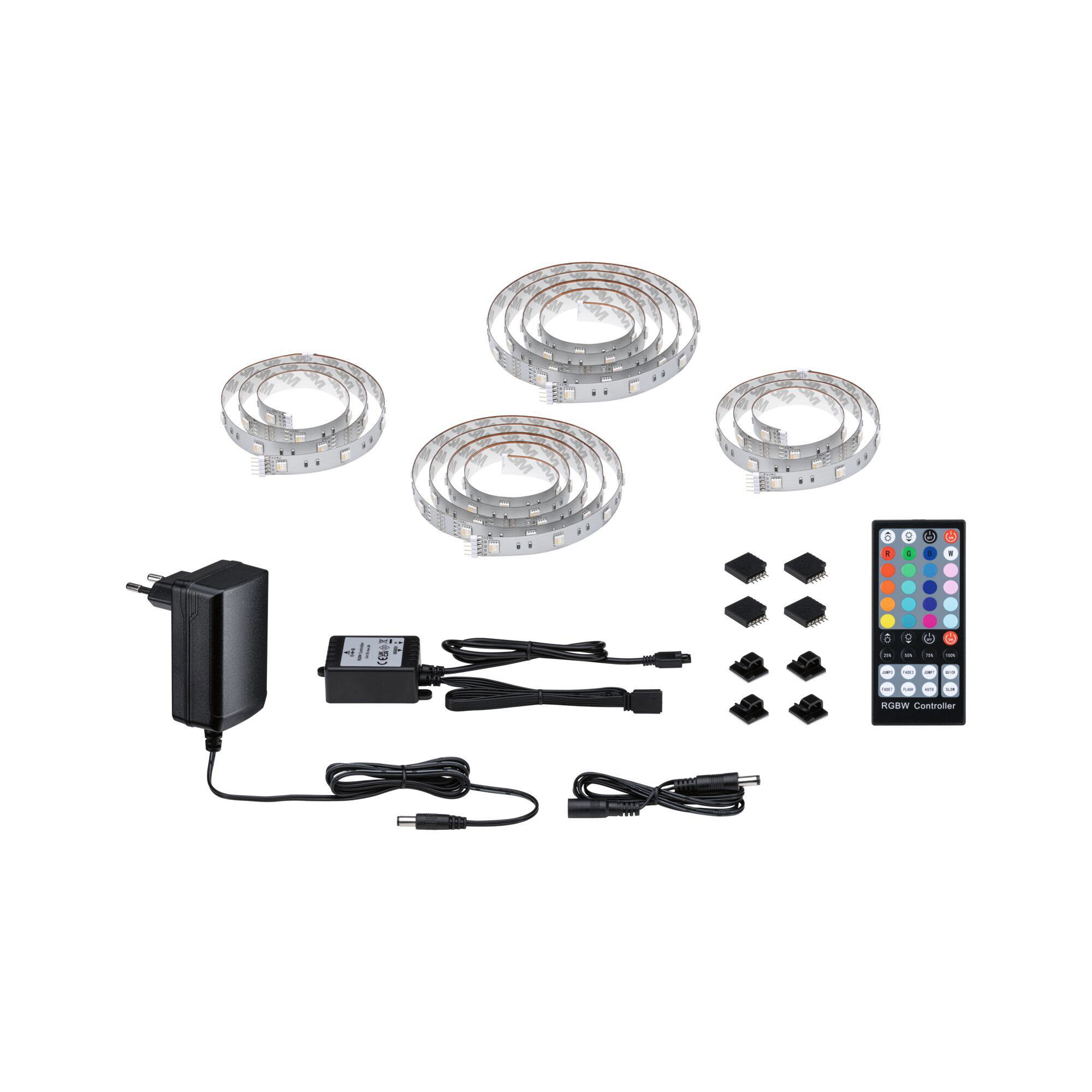 LED-Streifen, Netzteil, Controller und Fernbedienung auf weißem Hintergrund.