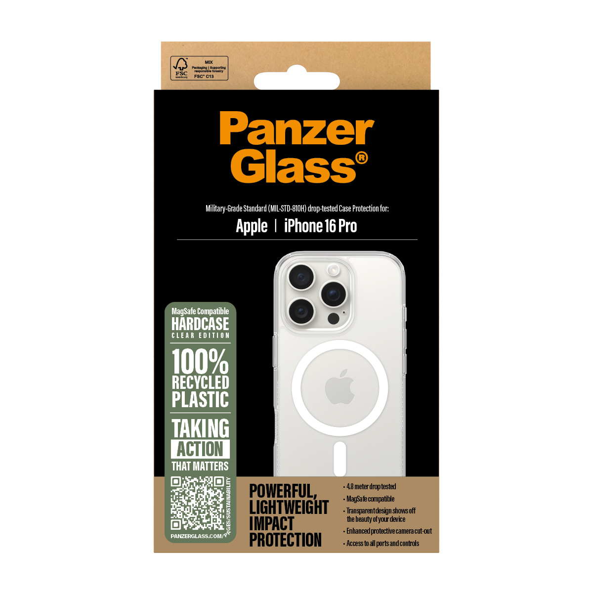 Confezione cover Panzer Glass iPhone 16 Pro, 100% riciclata, compatibile MagSafe.
