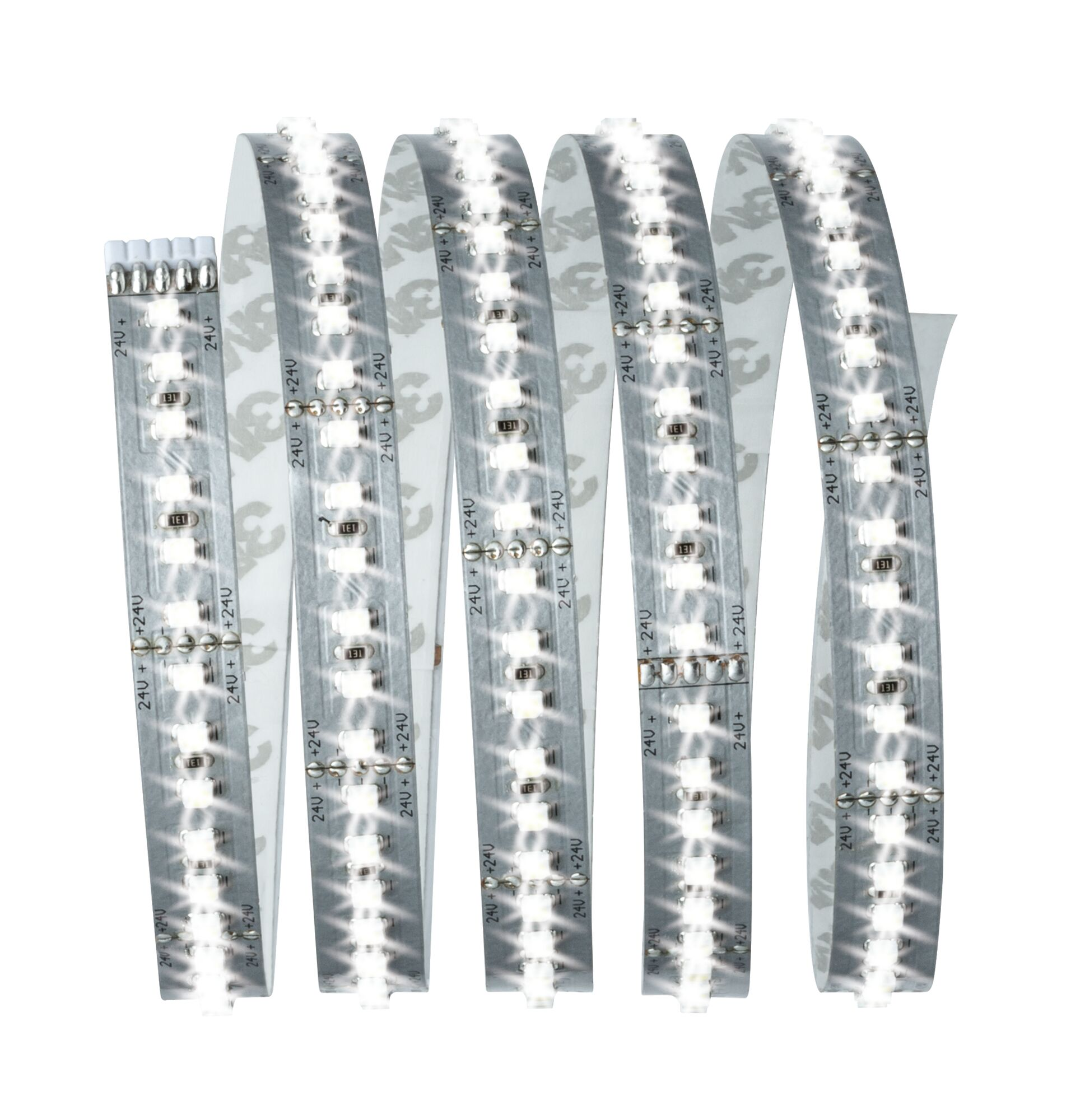 Eine aufgerollte LED-Lichtleiste mit weißen LEDs und silberner Beschriftung.