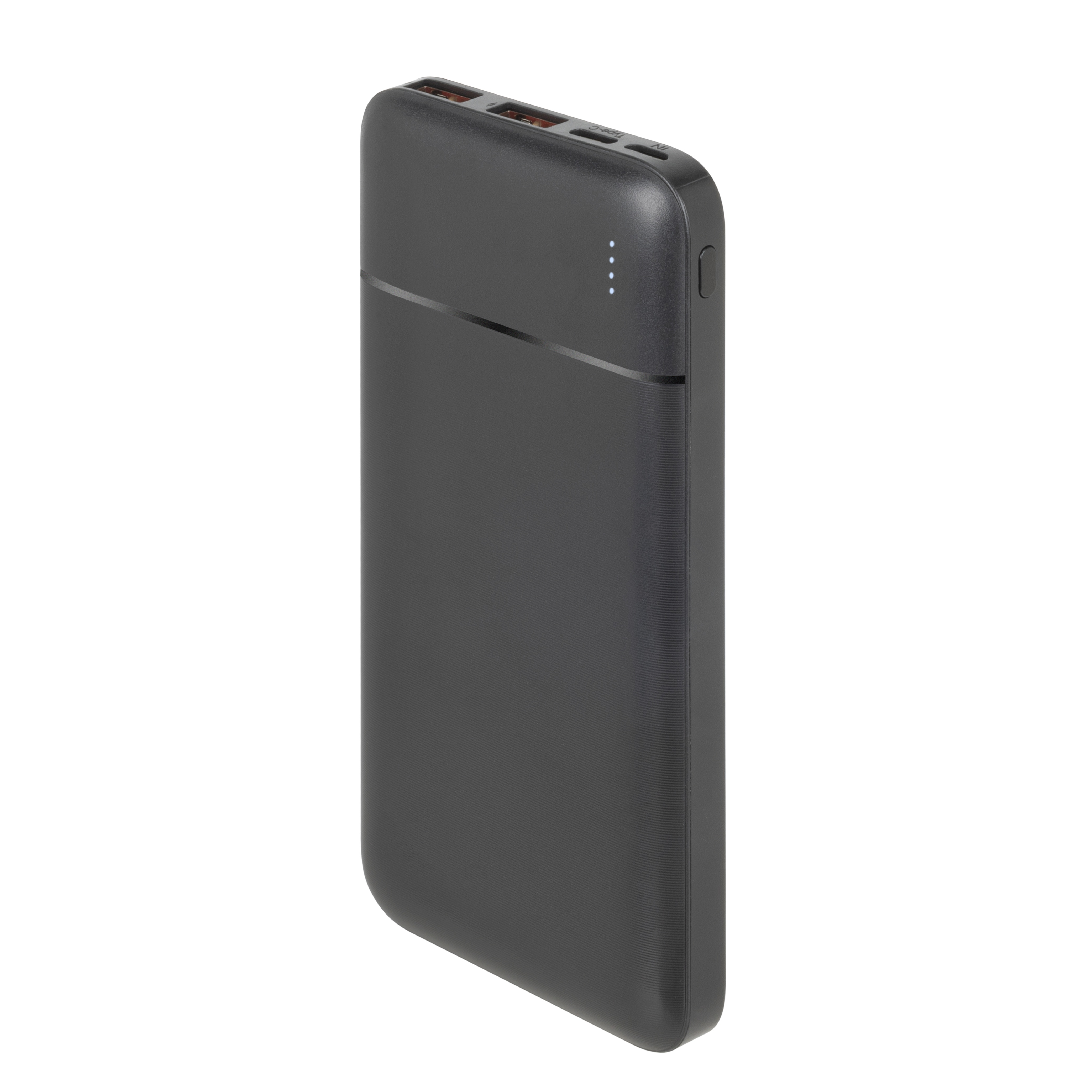 Een zwart powerbank-apparaat met oplaadpoorten en vier blauwe indicatorlampjes.