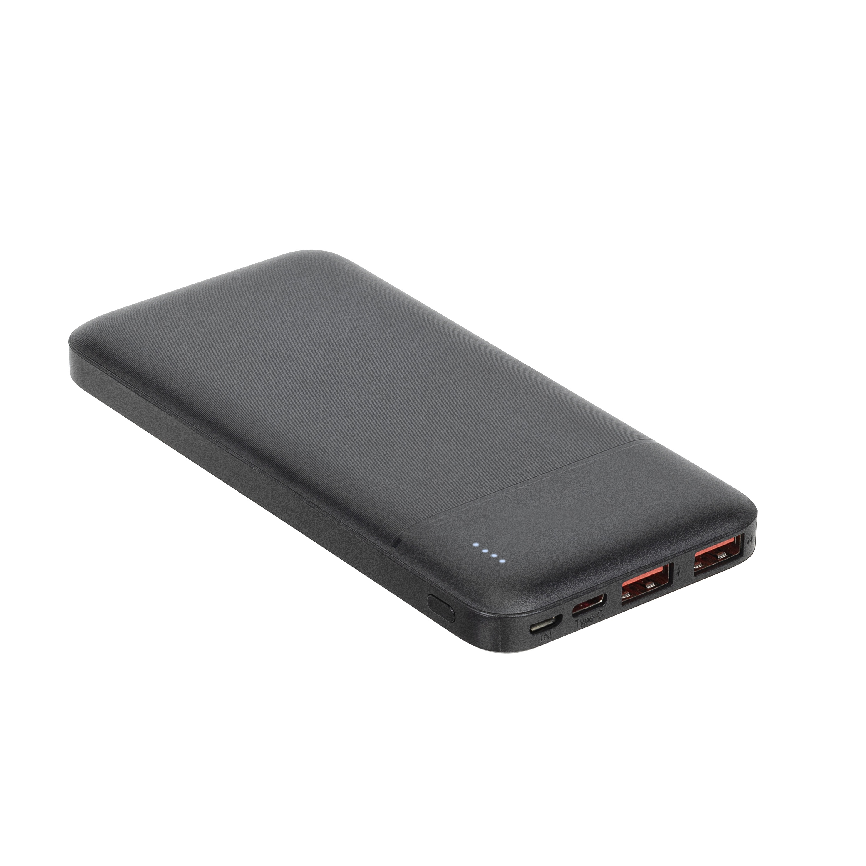Een zwarte powerbank met laadindicatielampjes en USB-poorten.