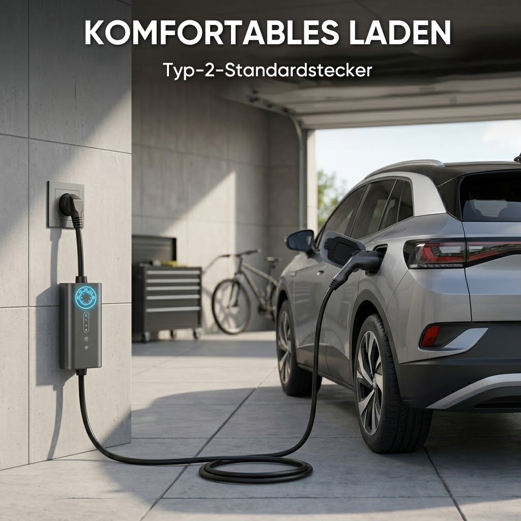 Srebrny samochód elektryczny ładuje się w garażu. Kabel ładujący jest podłączony.