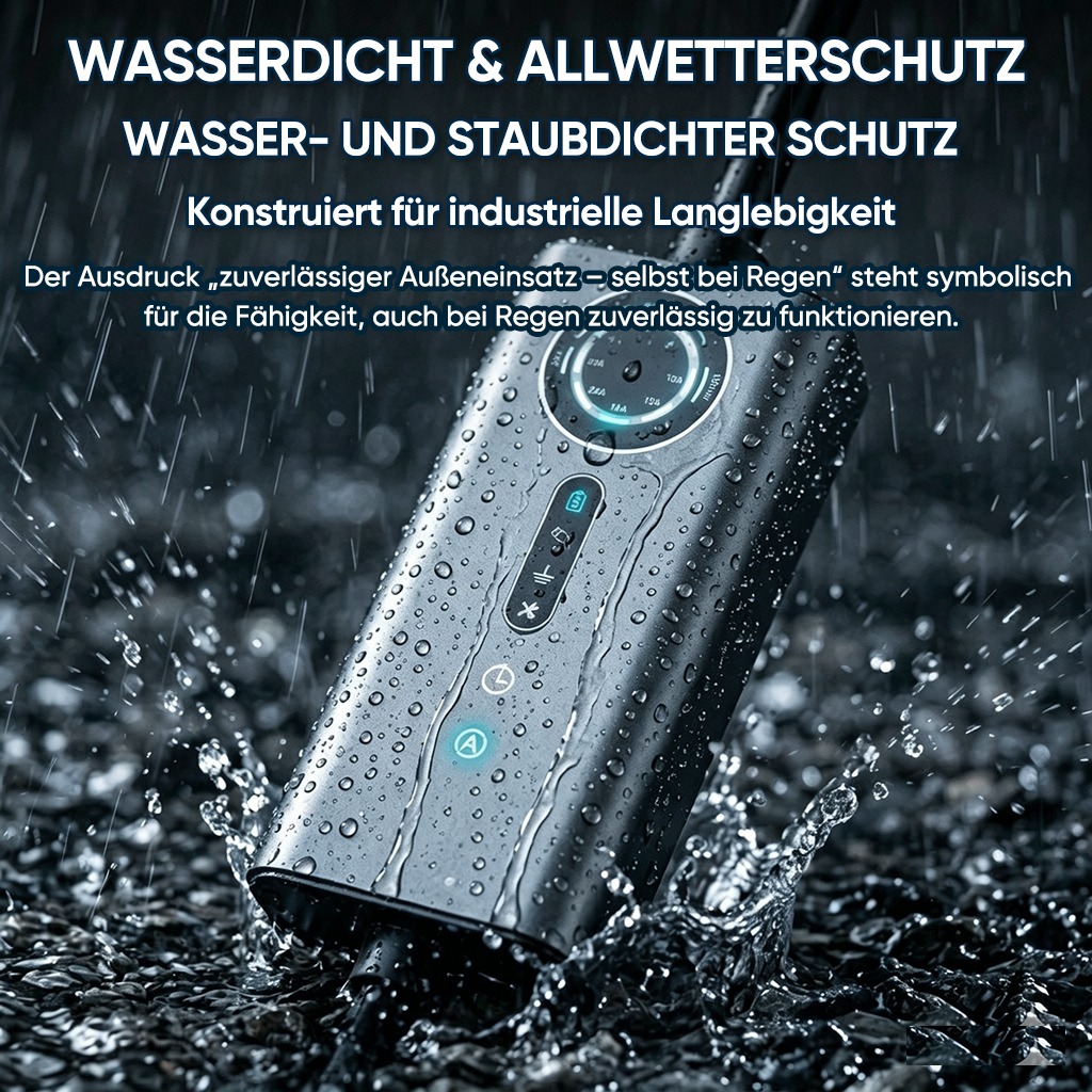 Eine schwarze tragbare Pumpe ist mit Wassertropfen bedeckt und in Wasser eingetaucht.