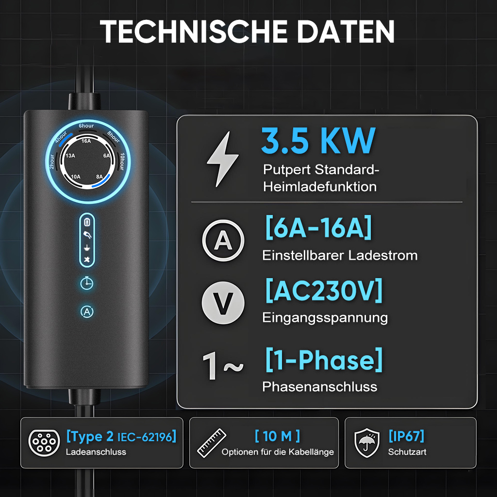 Dane techniczne: Ładowarka 3.5 KW, regulowana 6A-16A, AC230V, 1-fazowa, Typ 2.