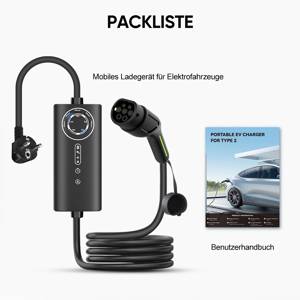Schwarzes Ladekabel für Elektroautos mit Stecker, Steuereinheit und Typ-2-Anschluss.