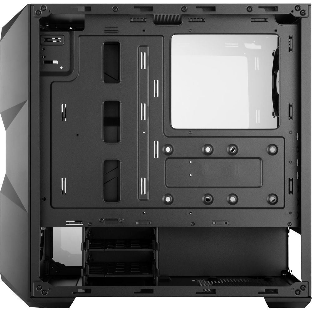 Rückseite eines schwarzen Computergehäuses mit Fenstern und Montagepunkten.