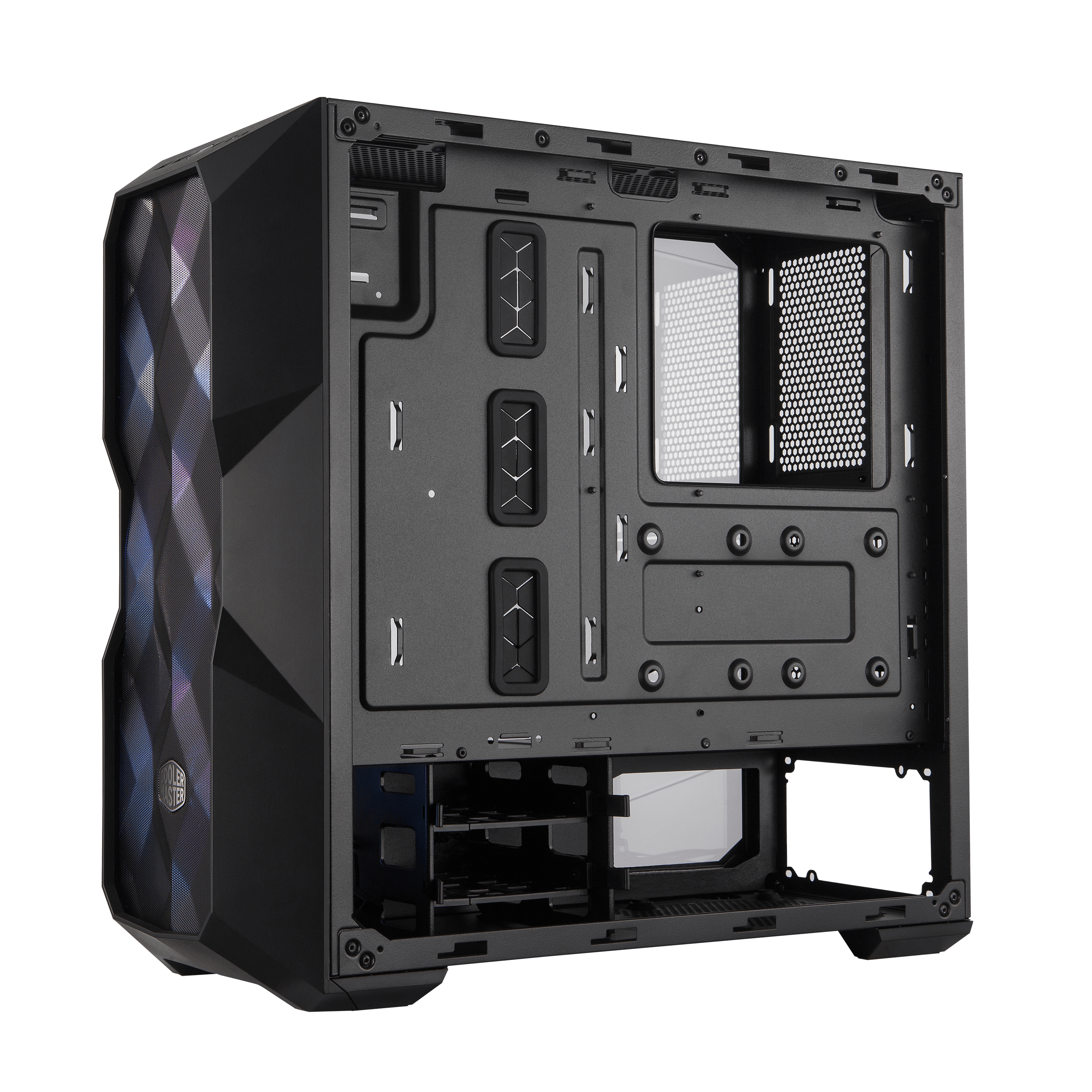 Schwarzes PC-Gehäuse mit geometrischem Frontpanel und transparentem Seitenfenster.