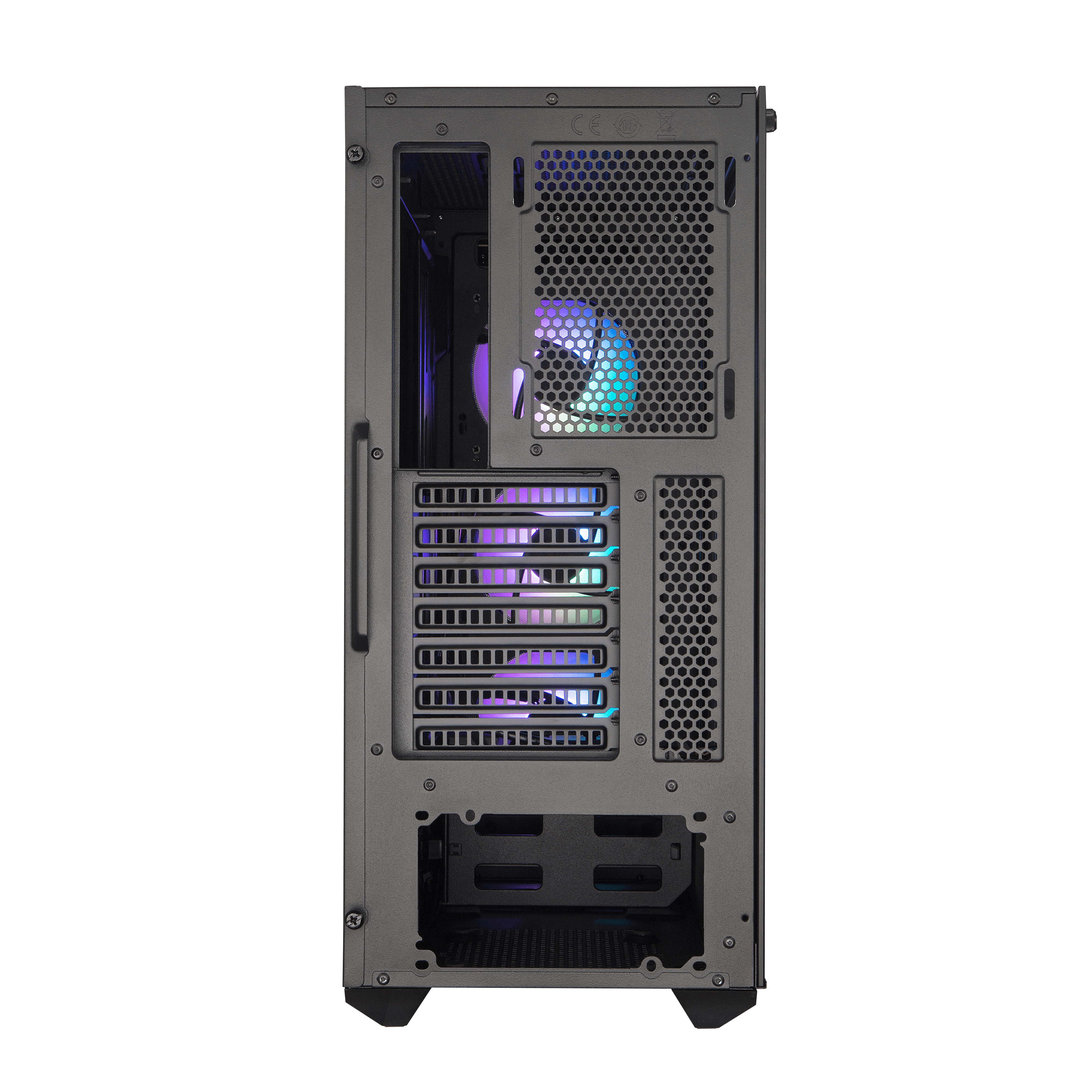 Rückseite eines schwarzen Computergehäuses mit Lüftern und bunten LEDs.