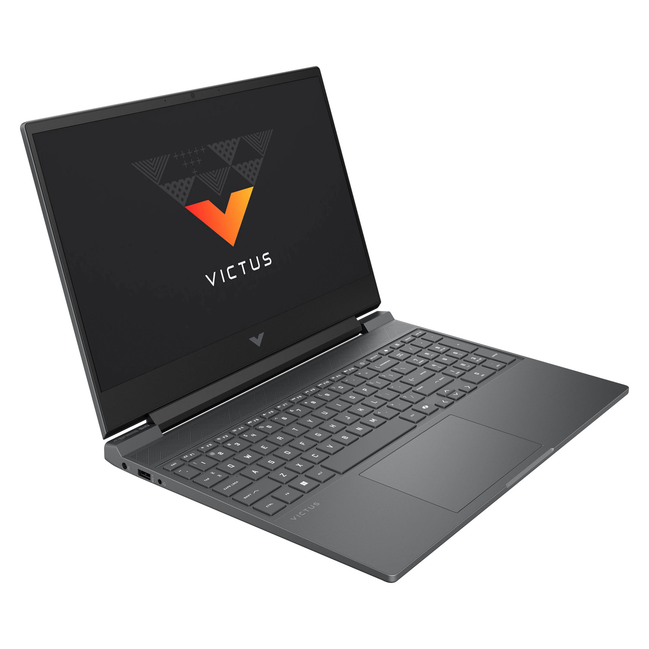 Un laptop Victus grigio con tastiera retroilluminata e logo sullo schermo.