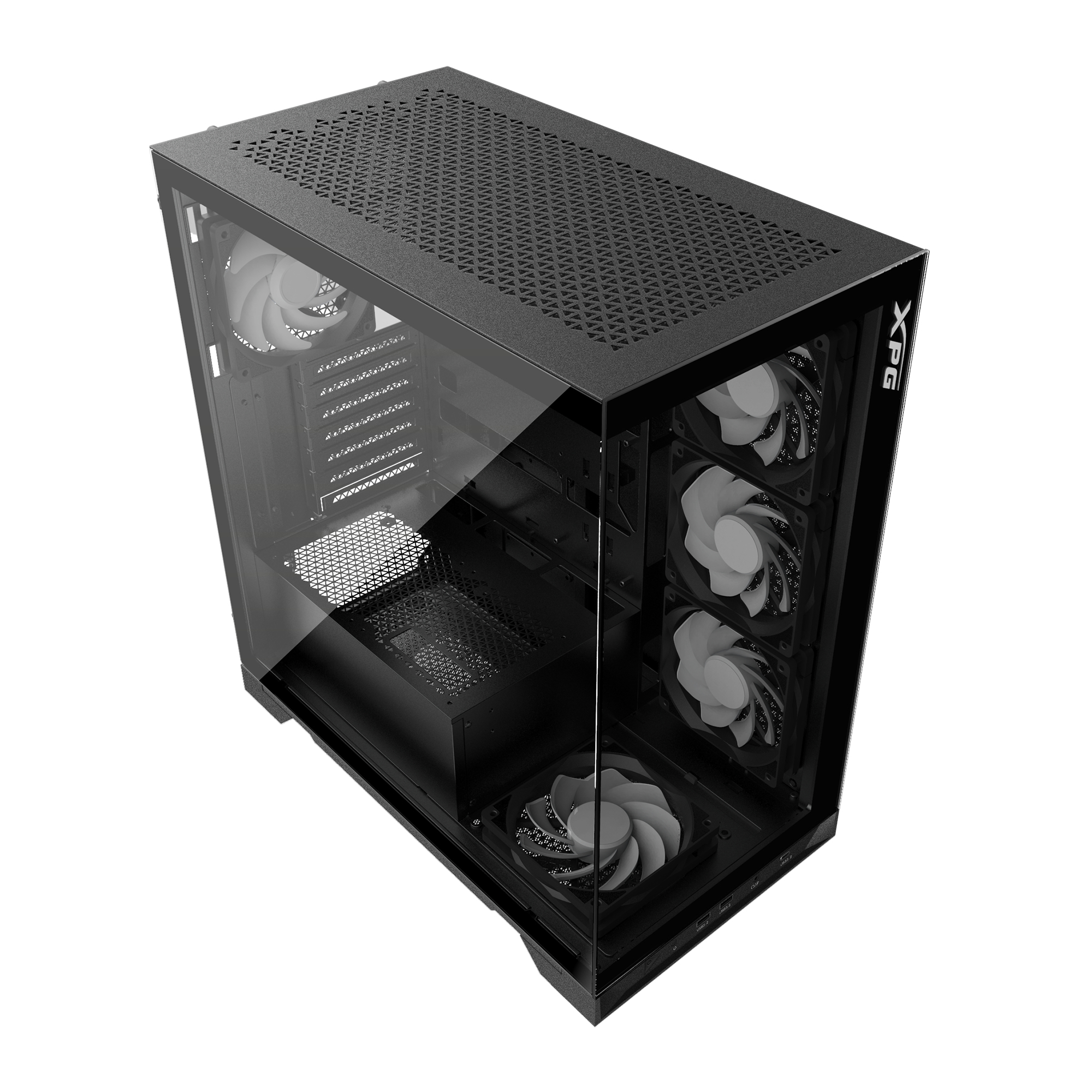 Un case PC nero con pannello frontale in vetro e tre ventole.