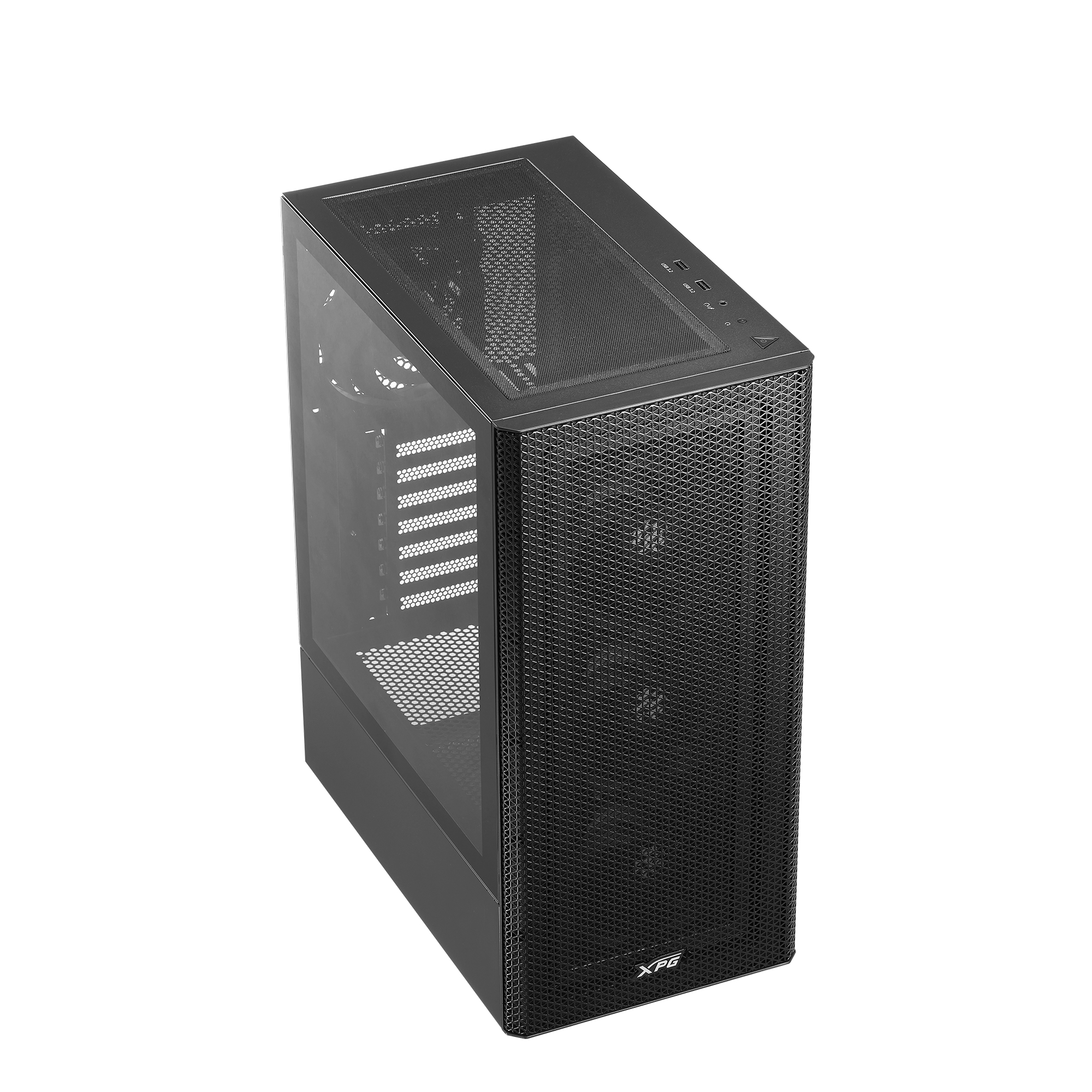 Black PC case with glass side panel and mesh front ventilation.