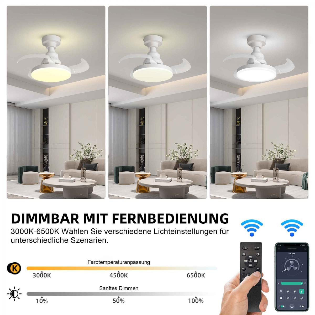 Deckenventilator mit Licht in verschiedenen Farbtemperaturen und Helligkeiten.