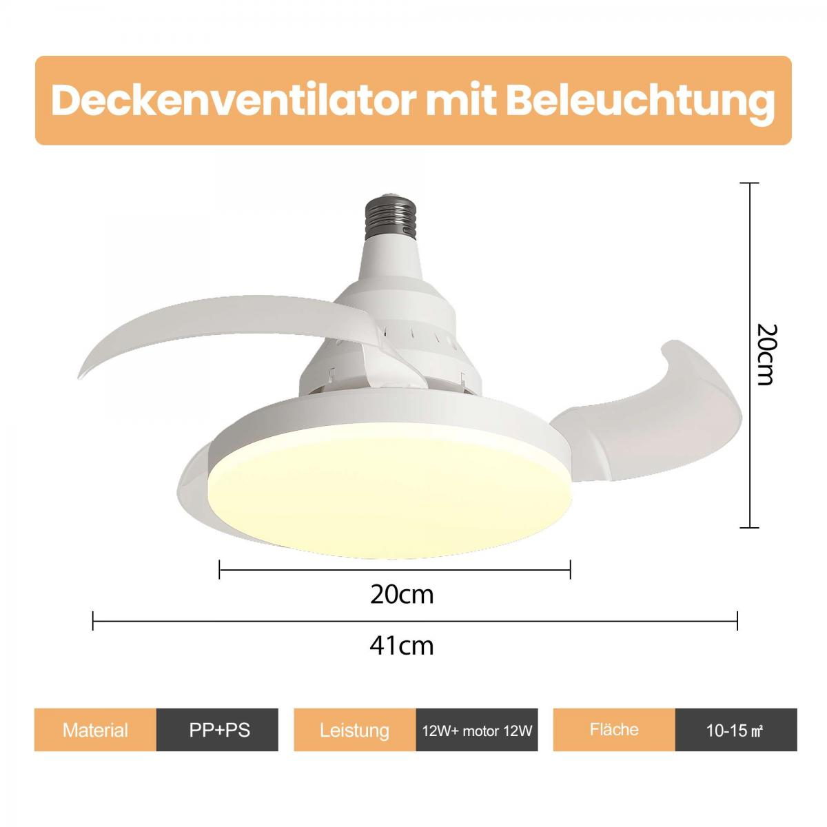 Ein weißer Deckenventilator mit Beleuchtung, 41cm breit, 20cm hoch.