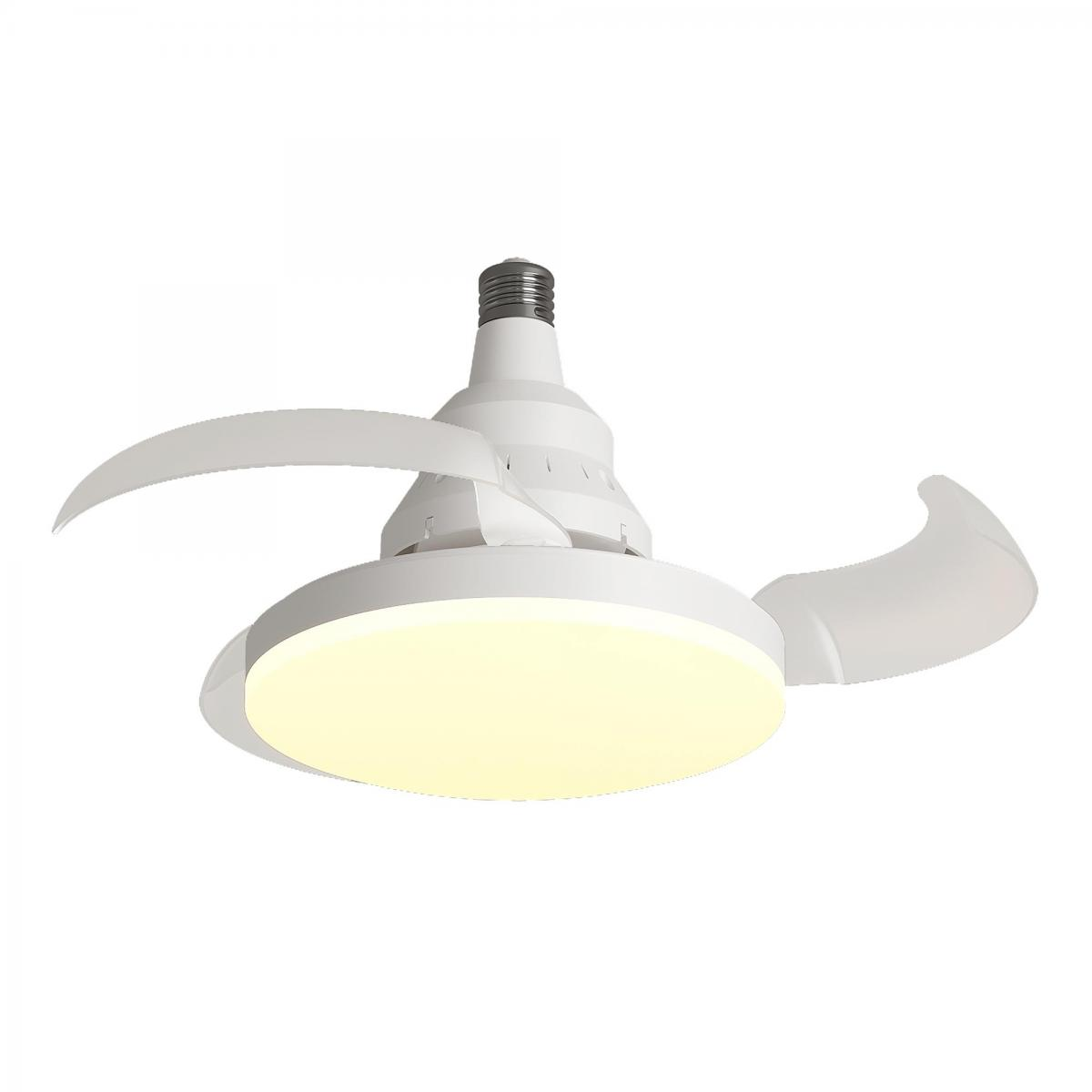 Weiße Deckenventilator-Lampe mit ausklappbaren Flügeln und hell beleuchtetem Diffusor.