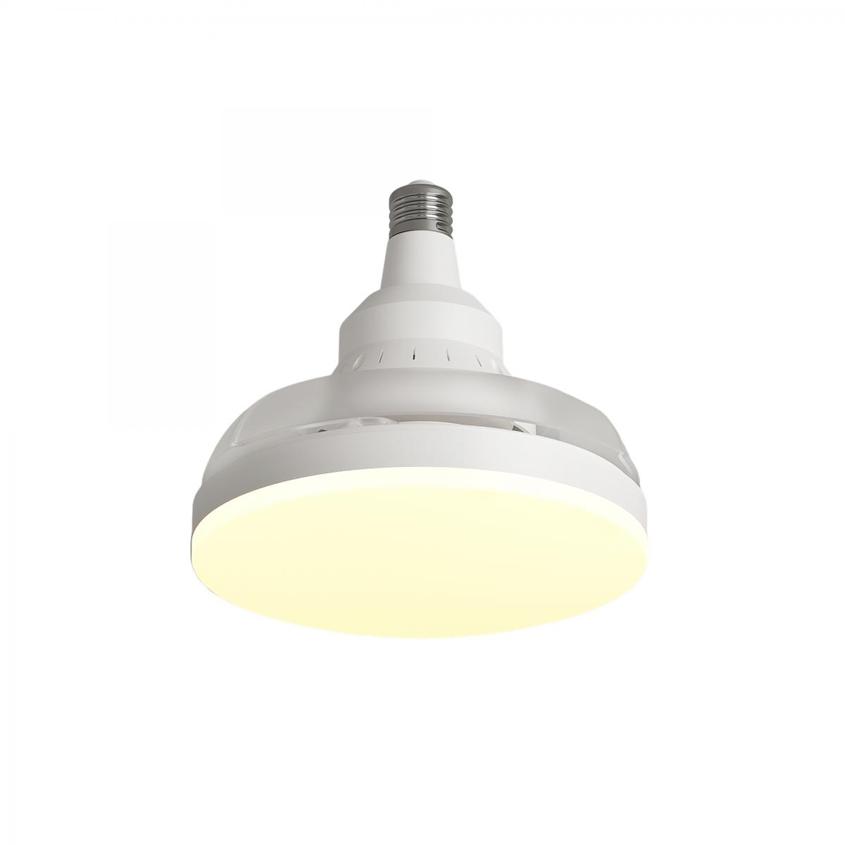 Eine weiße LED-Lampe mit einem breiten, leuchtenden Boden und einem Schraubgewinde oben.