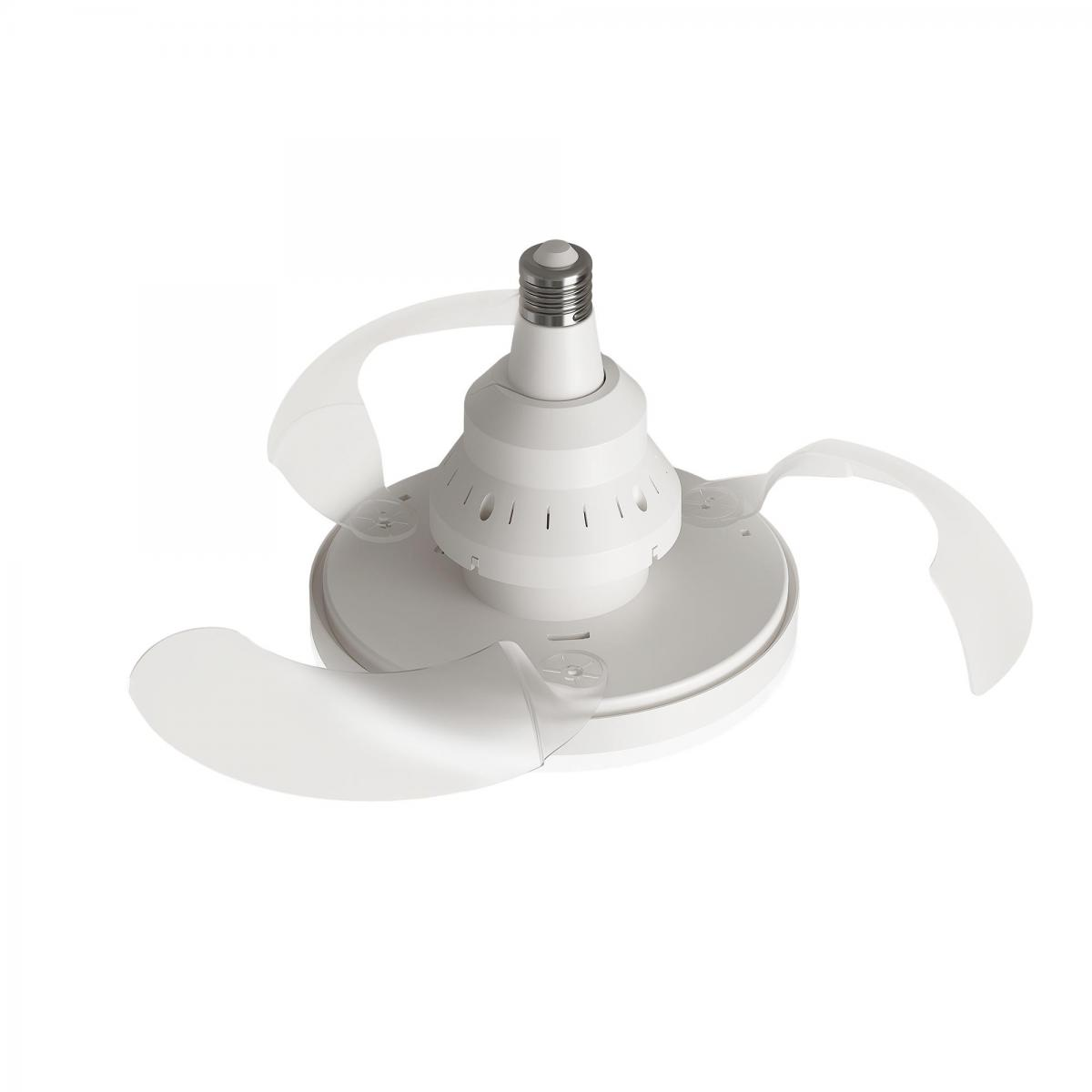 Ein weißer Deckenventilator mit drei Rotorblättern und einer Lampenfassung.