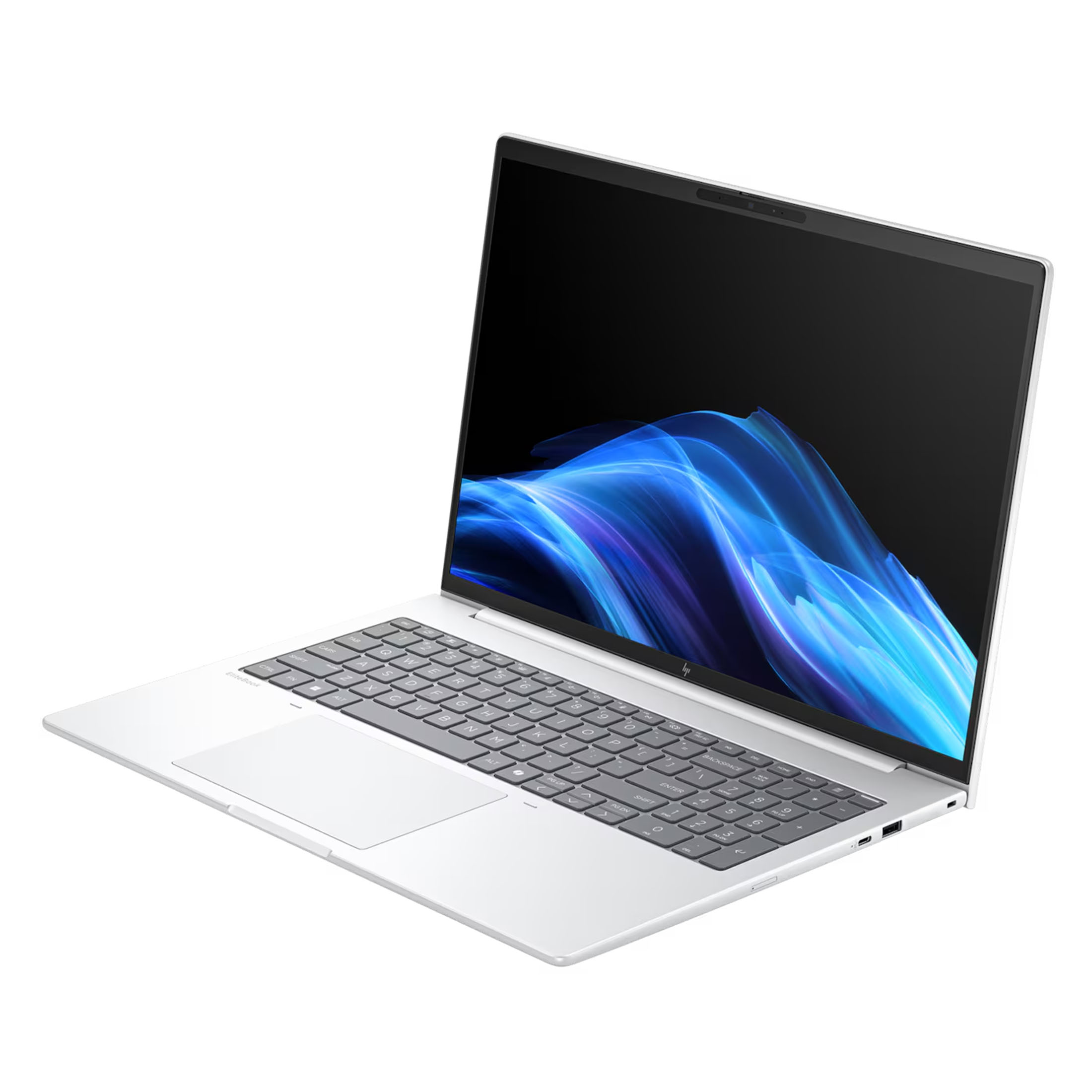 Ein silberner Laptop mit einem dunklen Bildschirm, der eine blaue abstrakte Grafik zeigt.