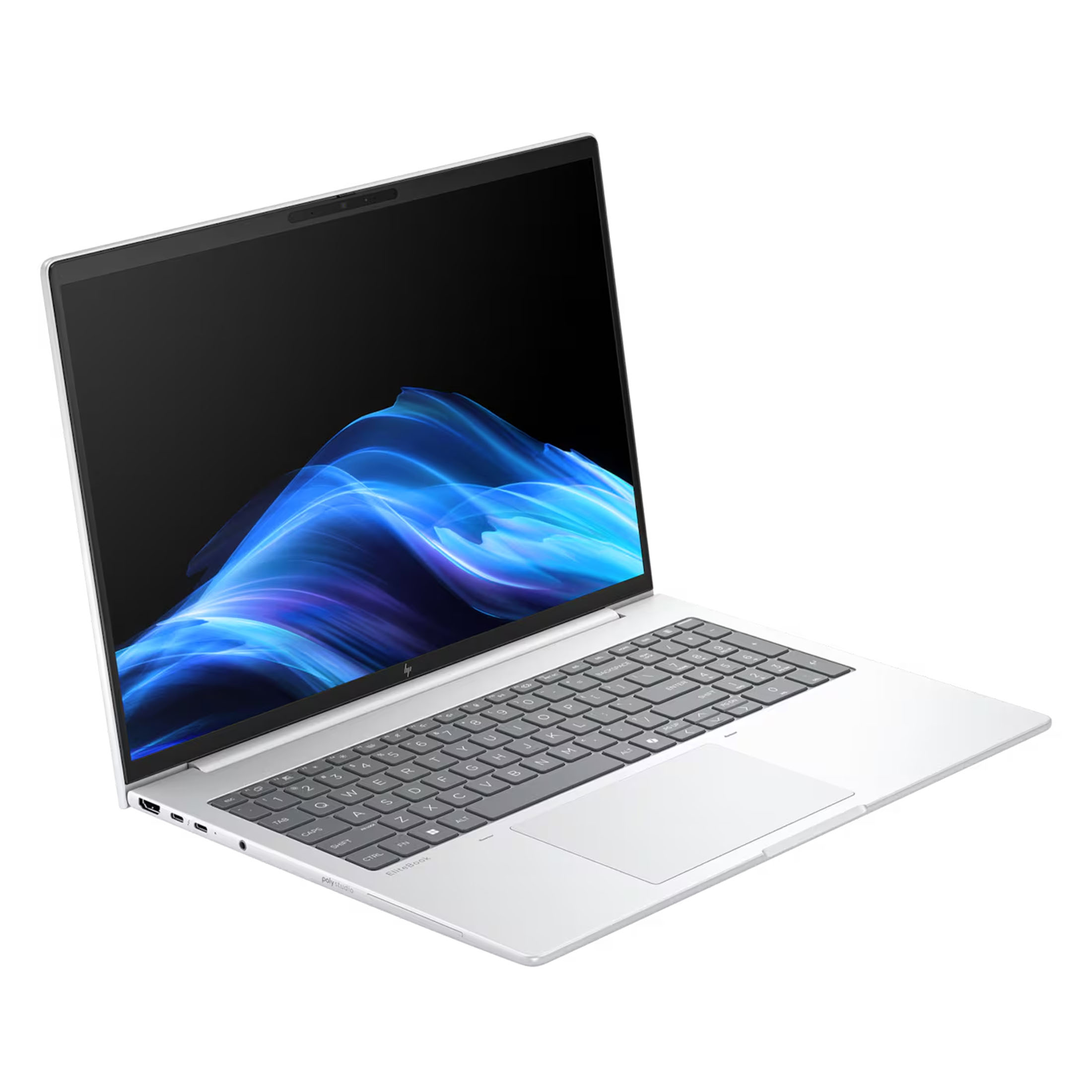 Ein silberner Laptop mit einem blauen, fließenden Muster auf dem Bildschirm.