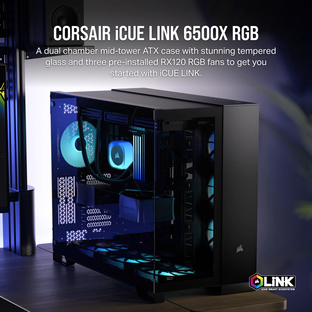 Case PC Corsair iCUE LINK 6500X RGB con frontale in vetro e illuminazione blu.