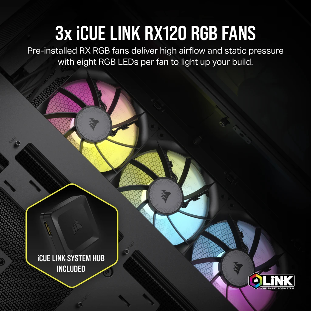 Tre ventole RGB con illuminazione e un hub all'interno di un case per PC.